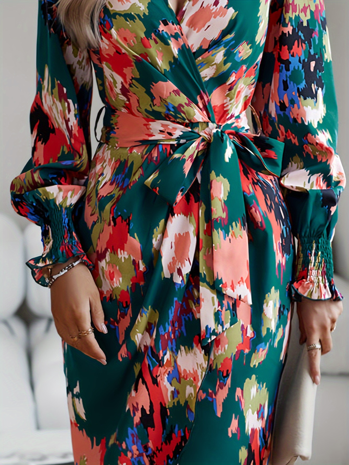 allover print wrap dress elegant v neck long sleeve dress womens clothing details 4