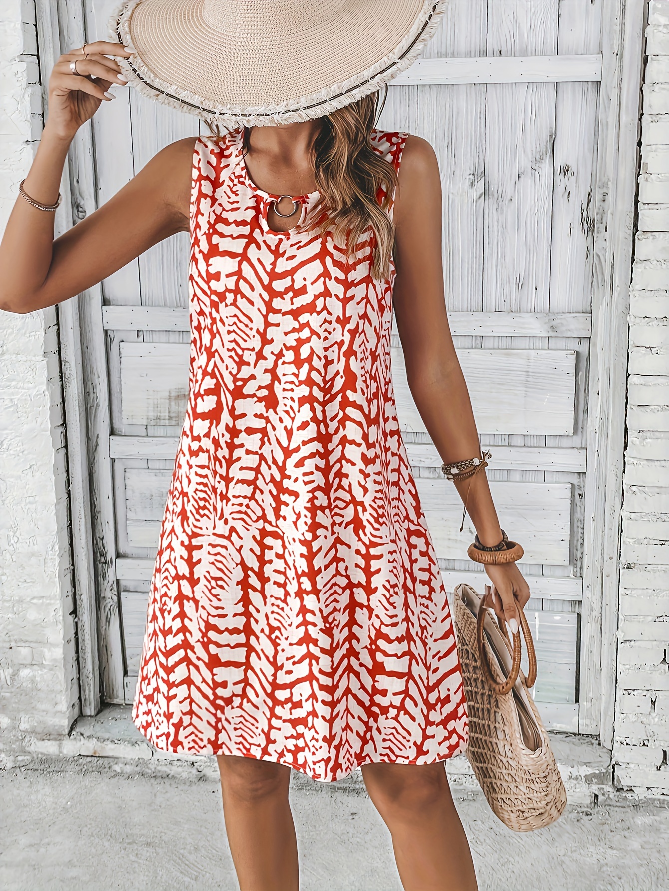 allover keyhole crew neck dress elegant sleeveless dress for spring summer womens clothing details 2
