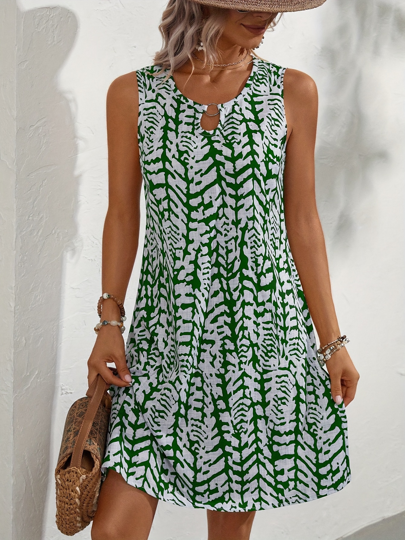 allover keyhole crew neck dress elegant sleeveless dress for spring summer womens clothing details 7
