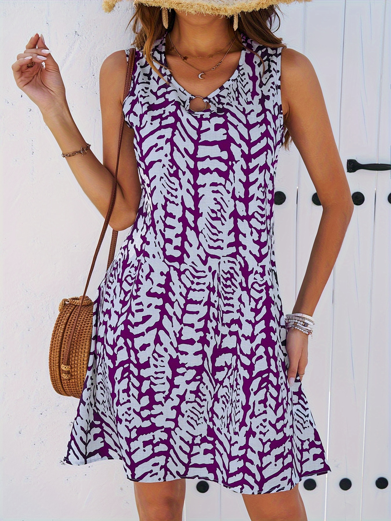 allover keyhole crew neck dress elegant sleeveless dress for spring summer womens clothing details 14