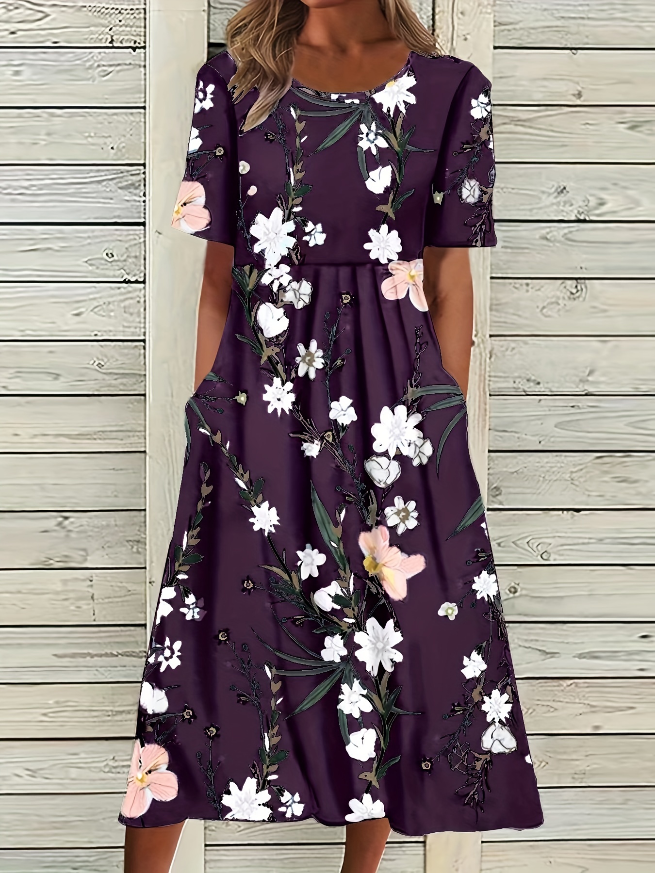 floral print high waist dress casual crew neck short sleeve summer dress womens clothing details 0