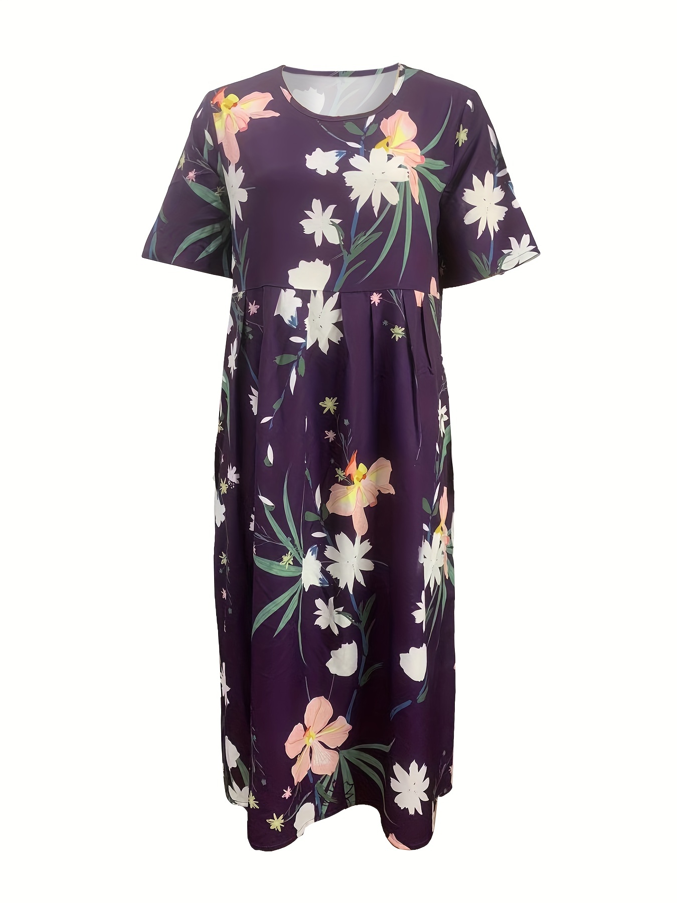 floral print high waist dress casual crew neck short sleeve summer dress womens clothing details 2