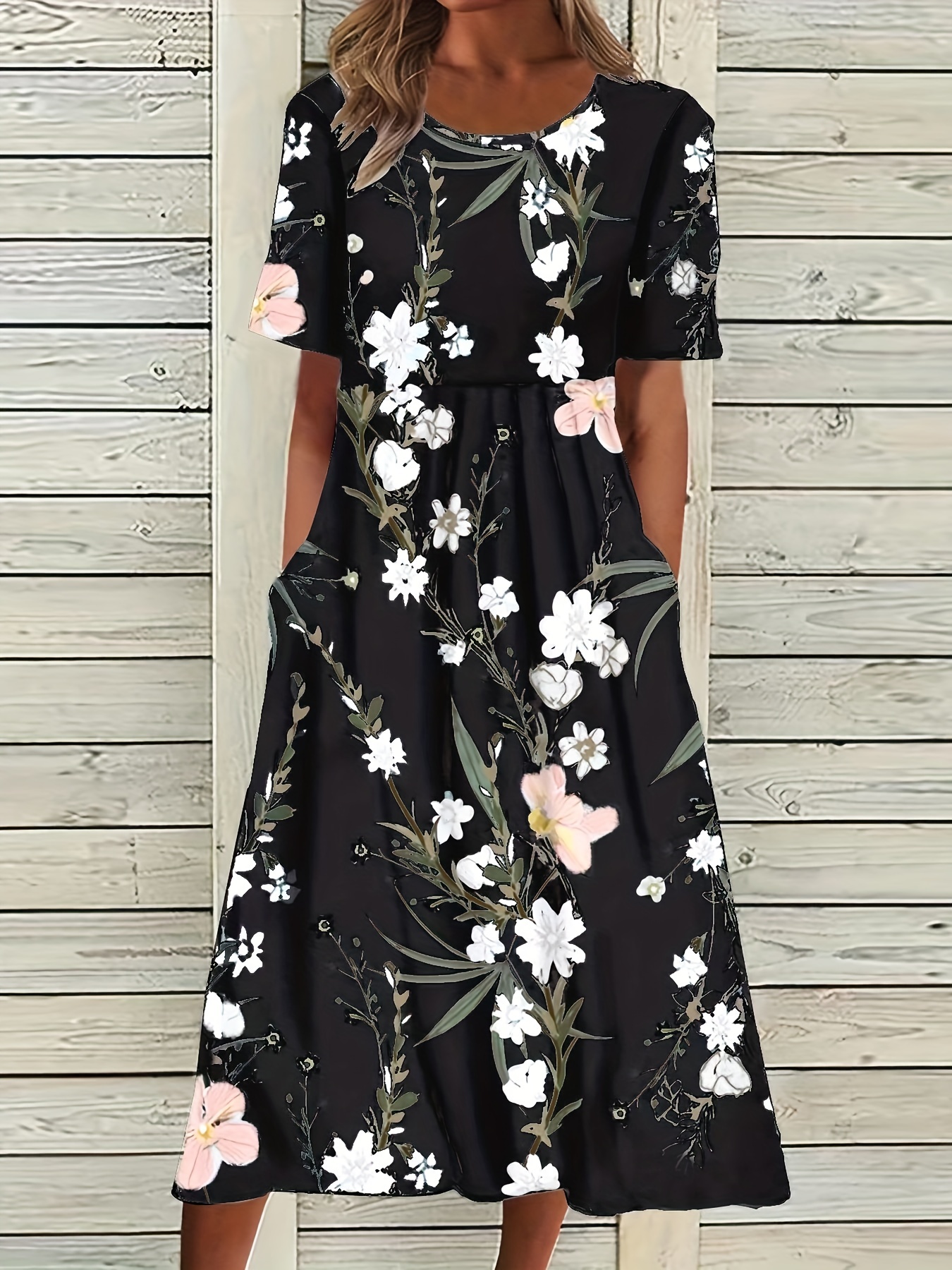 floral print high waist dress casual crew neck short sleeve summer dress womens clothing details 5