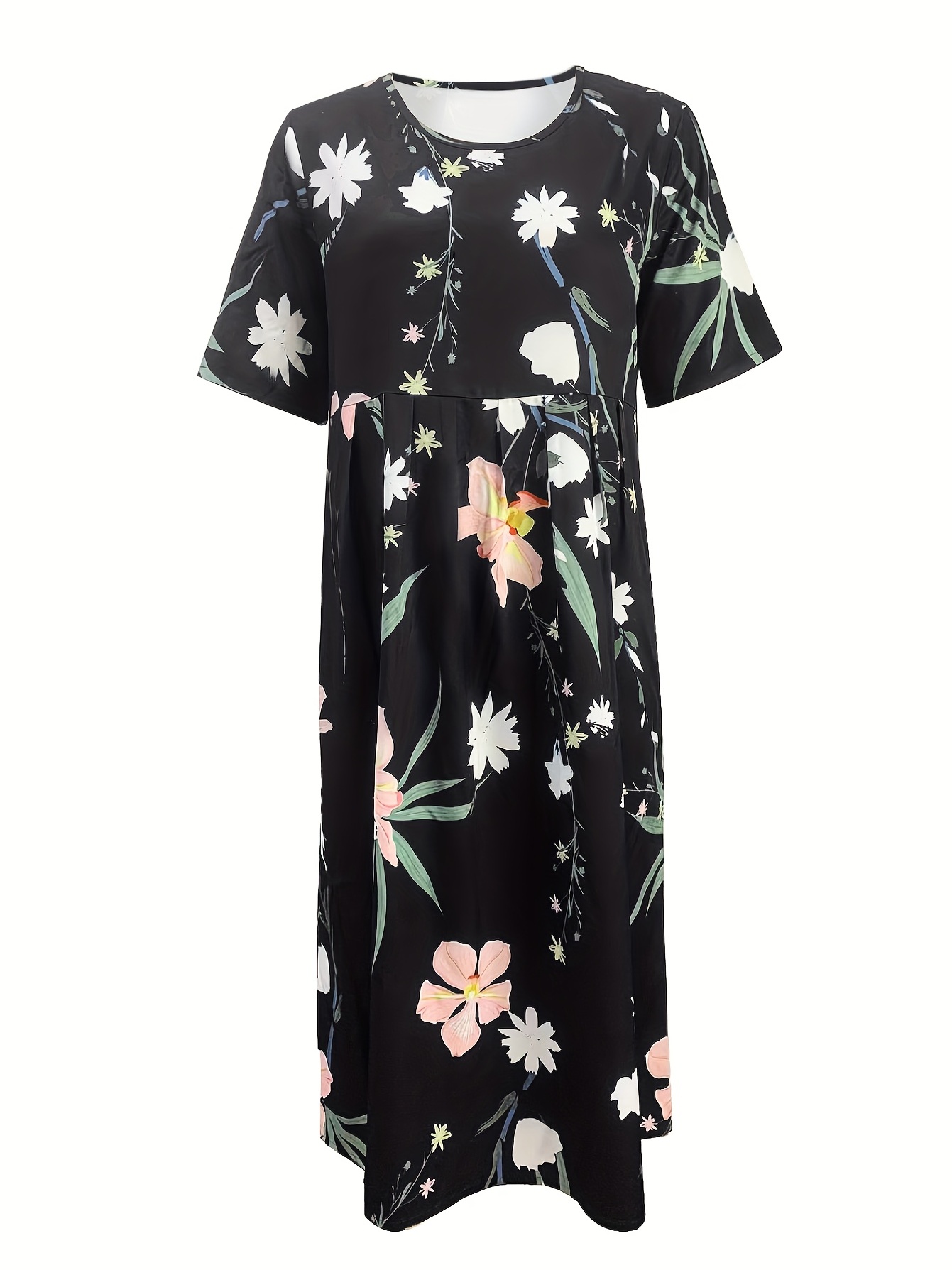 floral print high waist dress casual crew neck short sleeve summer dress womens clothing details 7
