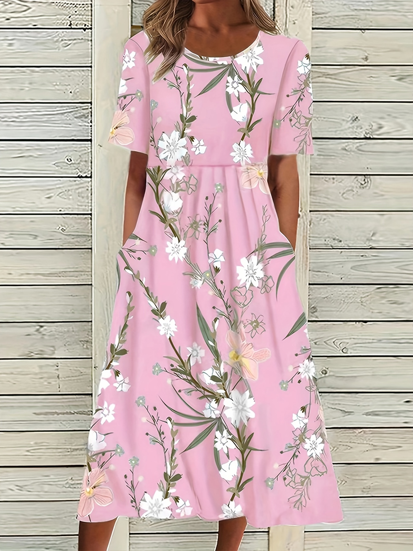 floral print high waist dress casual crew neck short sleeve summer dress womens clothing details 10
