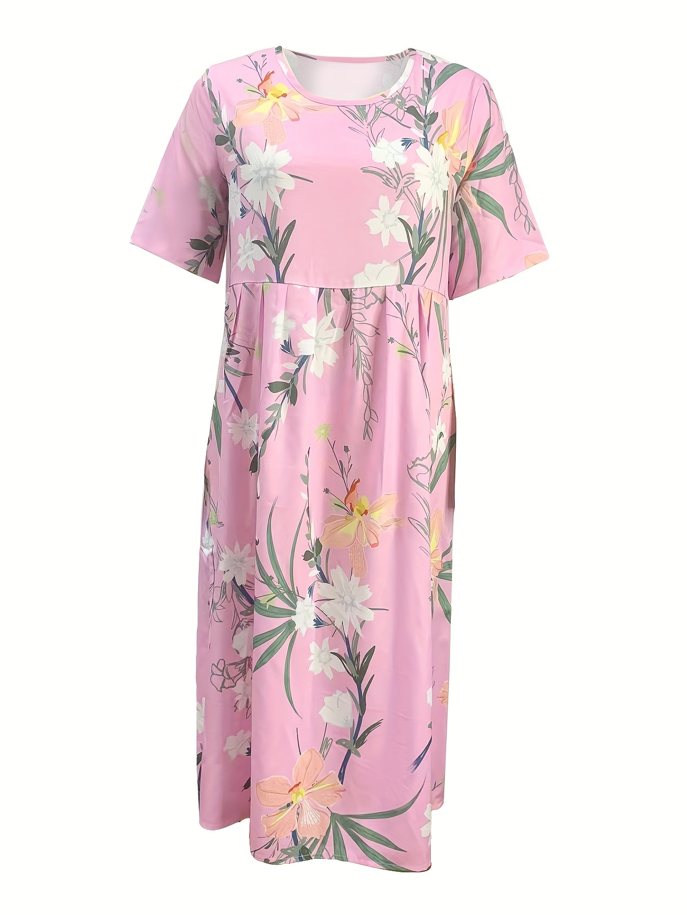 floral print high waist dress casual crew neck short sleeve summer dress womens clothing details 12