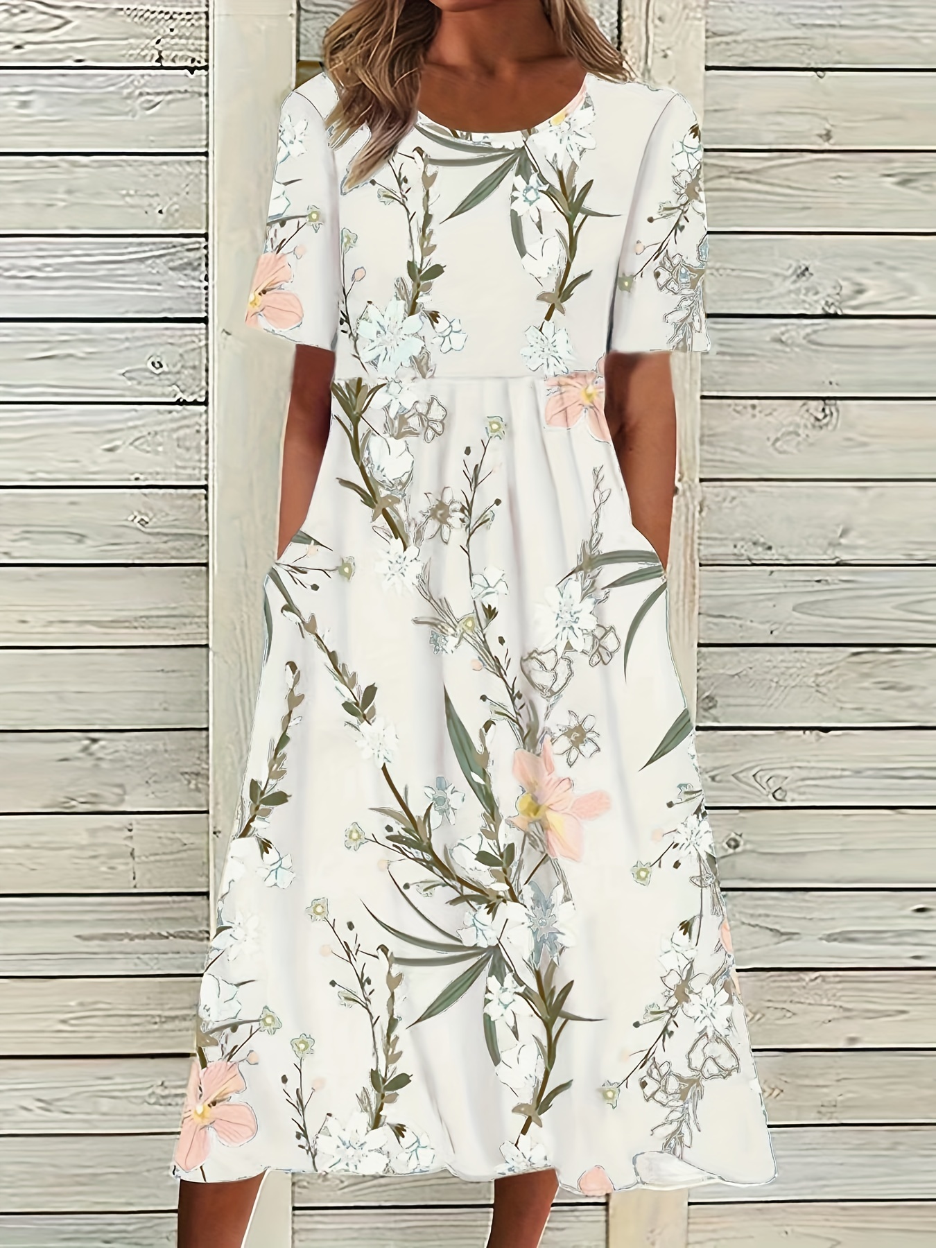 floral print high waist dress casual crew neck short sleeve summer dress womens clothing details 15
