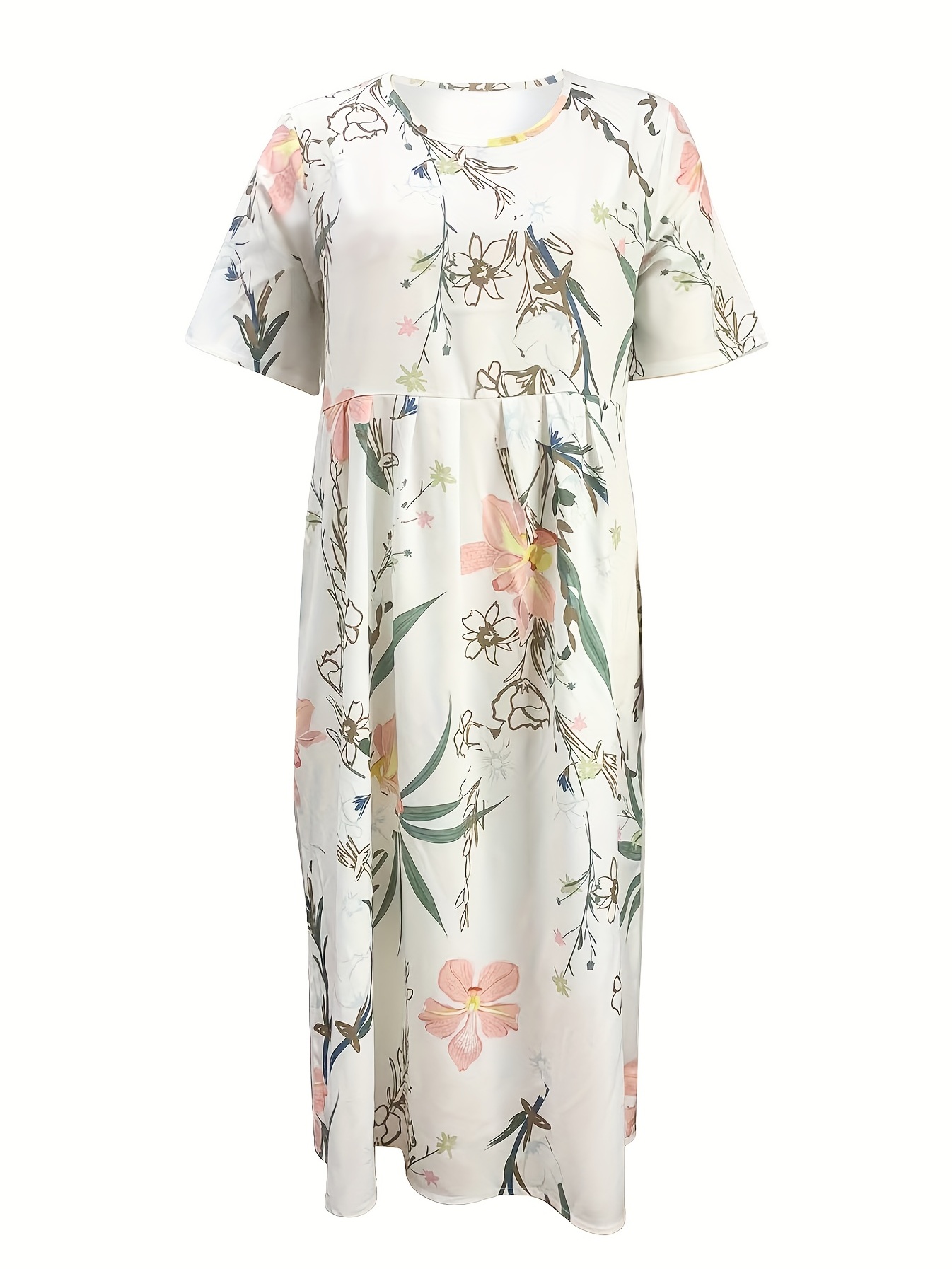 floral print high waist dress casual crew neck short sleeve summer dress womens clothing details 17