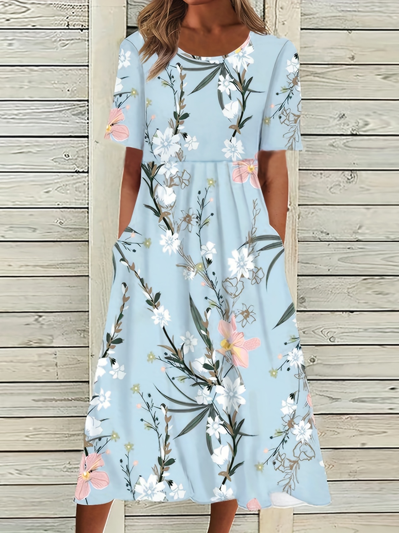floral print high waist dress casual crew neck short sleeve summer dress womens clothing details 21