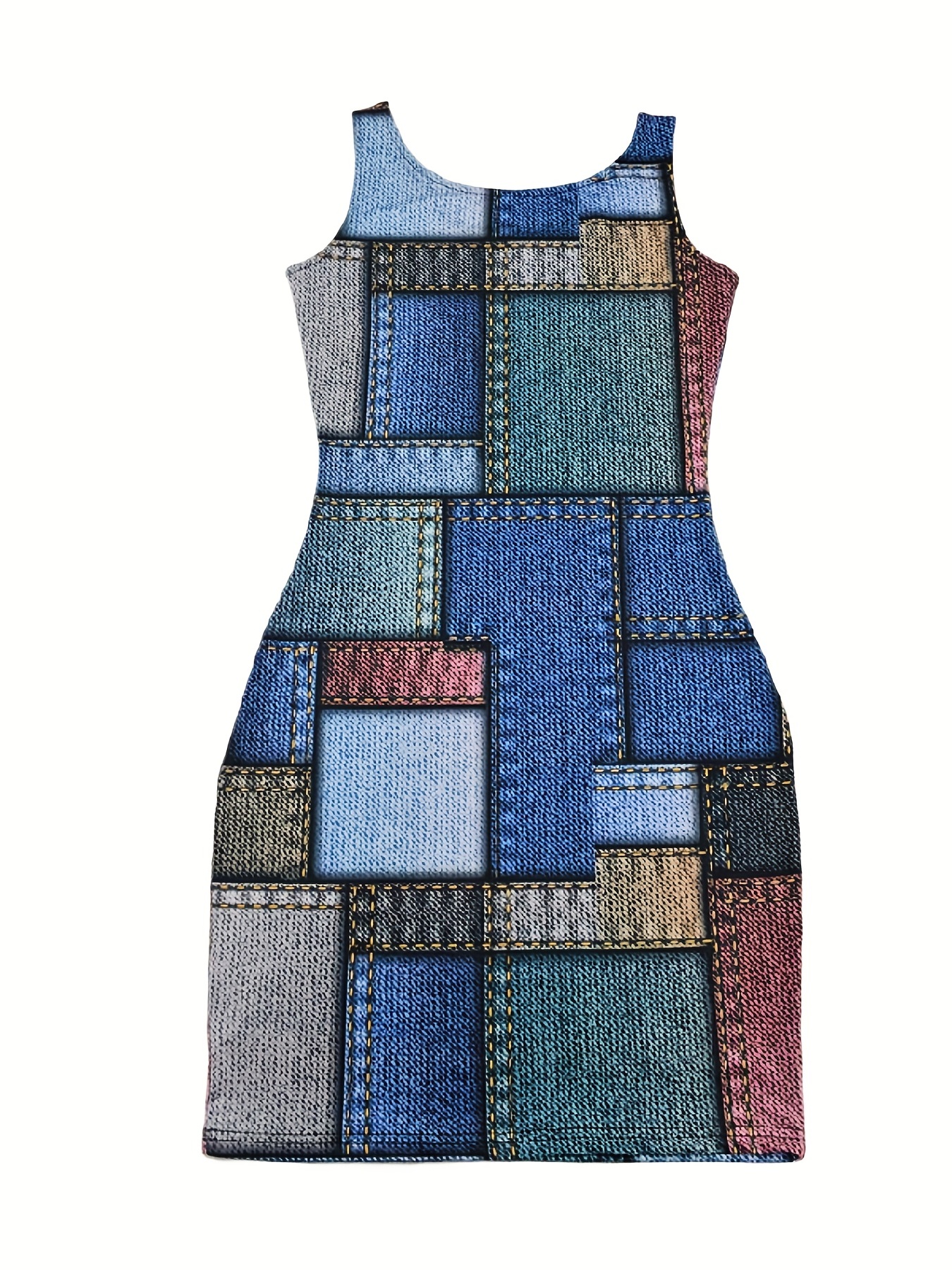 patchwork tank dress casual sleeveless bodycon scoop neck bag hip dress womens clothing details 0