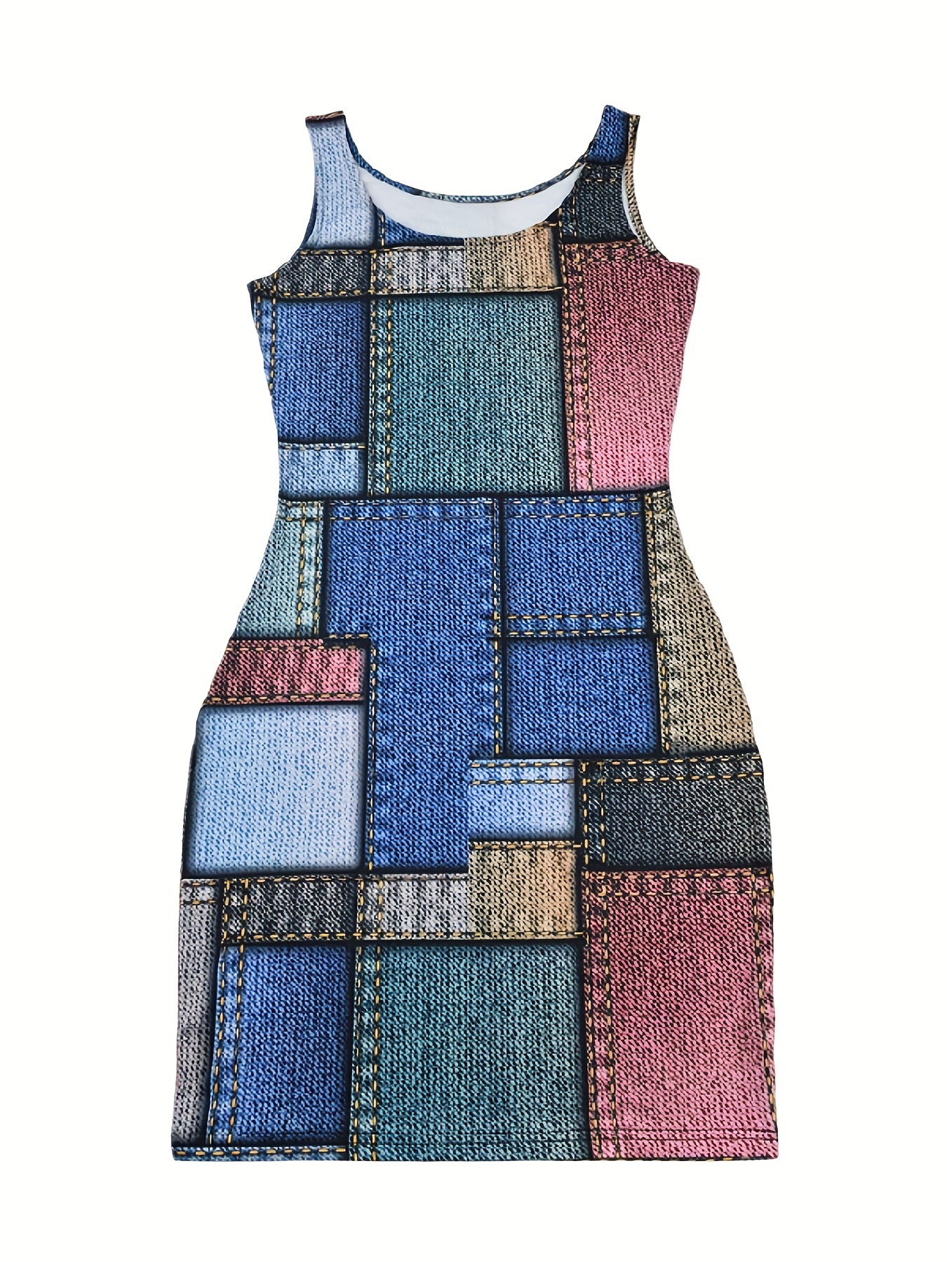 patchwork tank dress casual sleeveless bodycon scoop neck bag hip dress womens clothing details 1