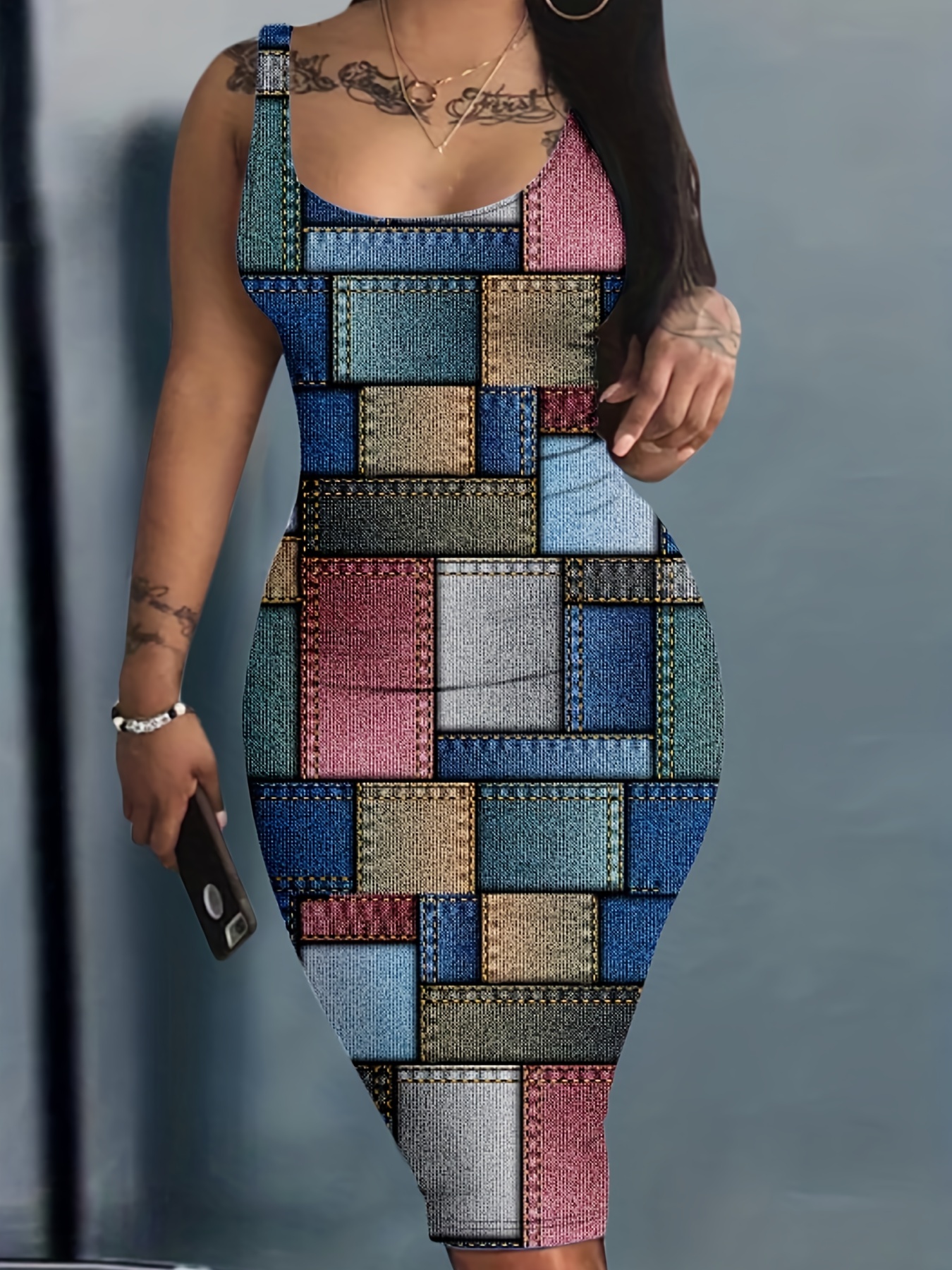 patchwork tank dress casual sleeveless bodycon scoop neck bag hip dress womens clothing details 4