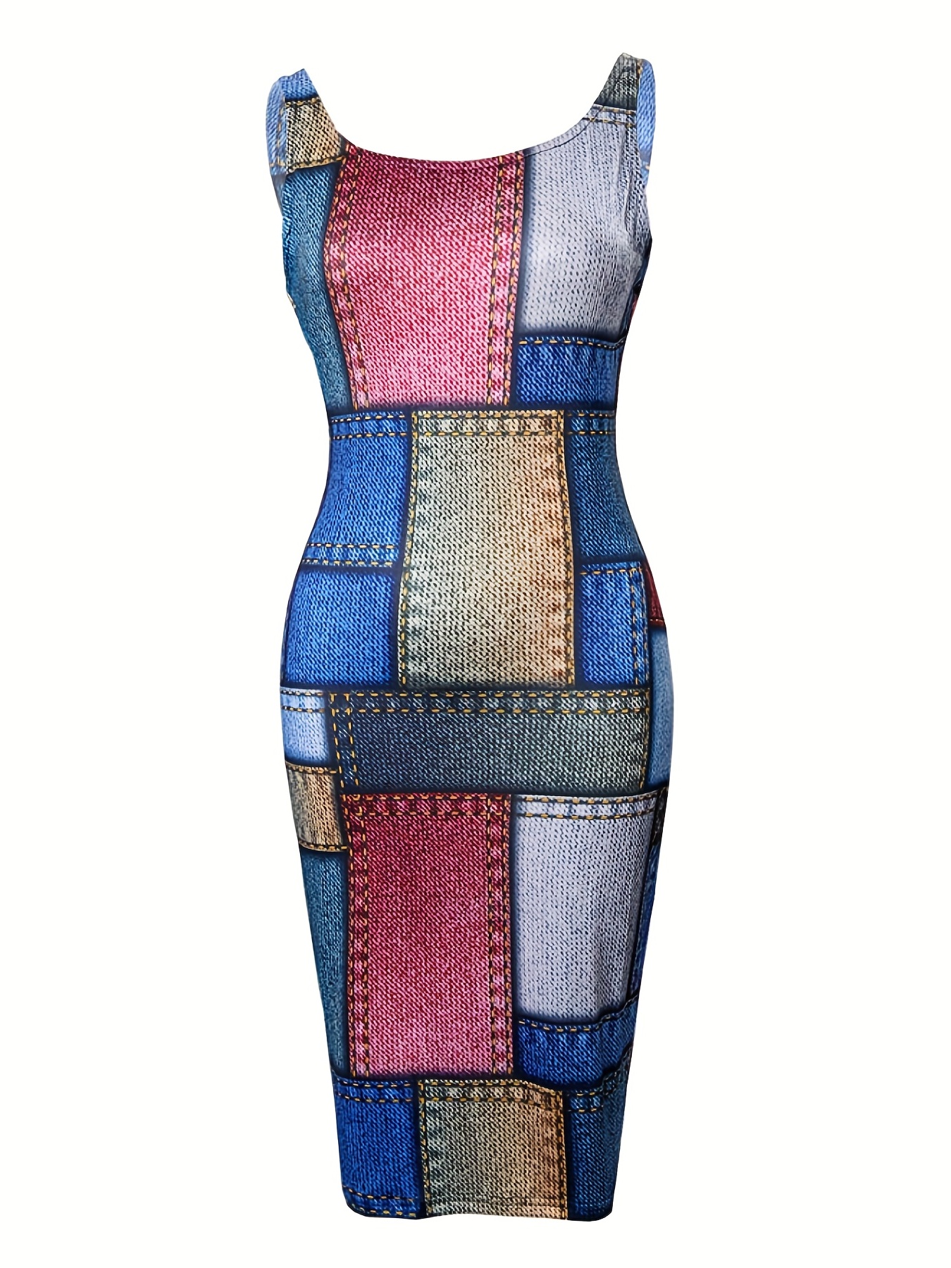 patchwork tank dress casual sleeveless bodycon scoop neck bag hip dress womens clothing details 6