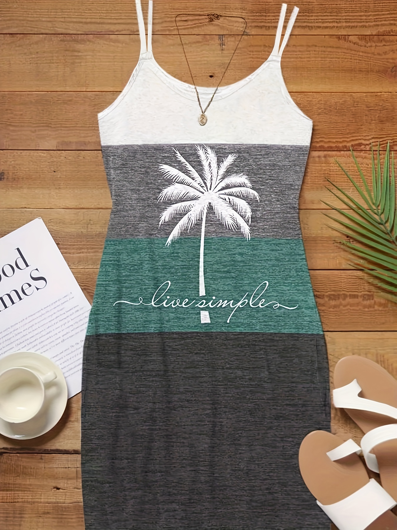 color block coconut tree print dress casual spaghetti strap sleeveless dress womens clothing details 6