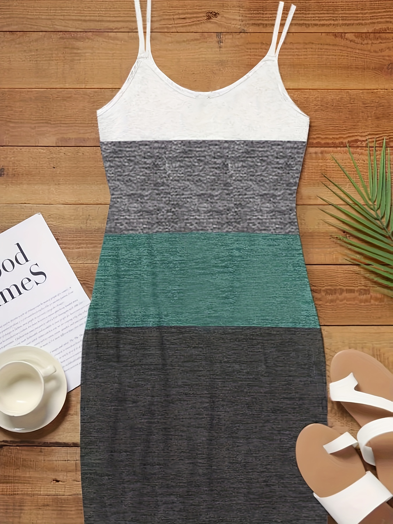 color block coconut tree print dress casual spaghetti strap sleeveless dress womens clothing details 8