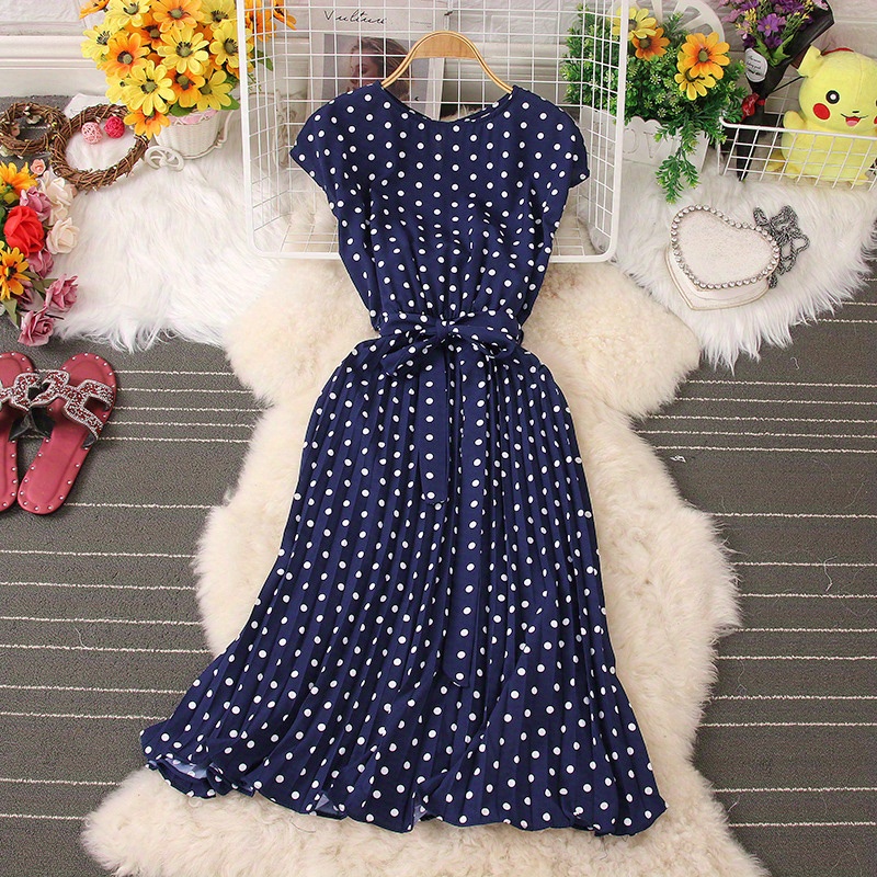 polka dot pleated dress short sleeve casual dress for spring summer womens clothing details 2