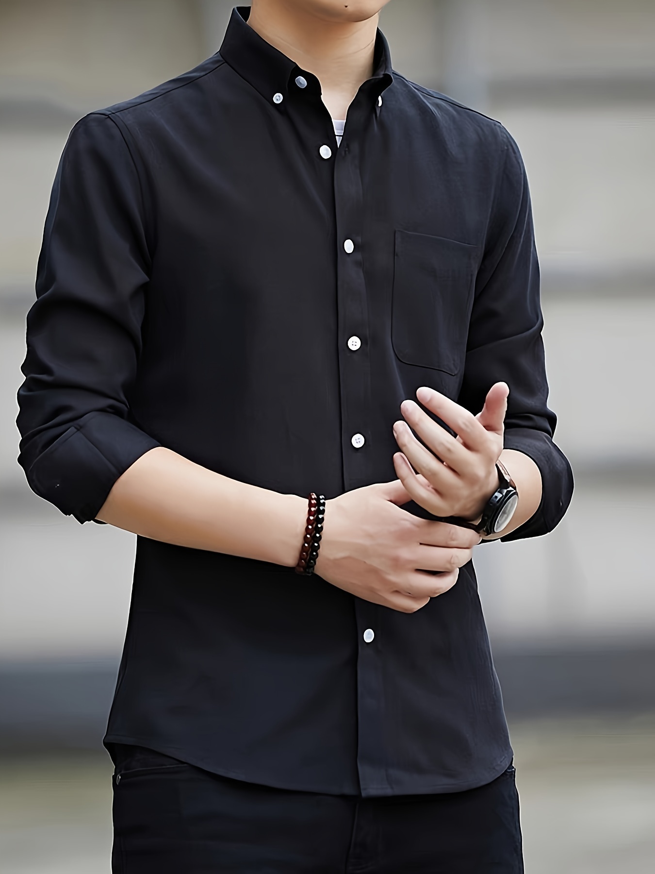 solid color mens classic all match long sleeve button up shirt with chest pocket spring fall clothing details 0