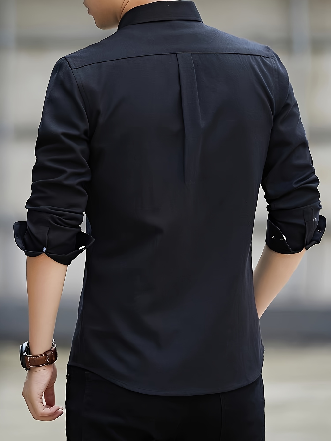 solid color mens classic all match long sleeve button up shirt with chest pocket spring fall clothing details 1
