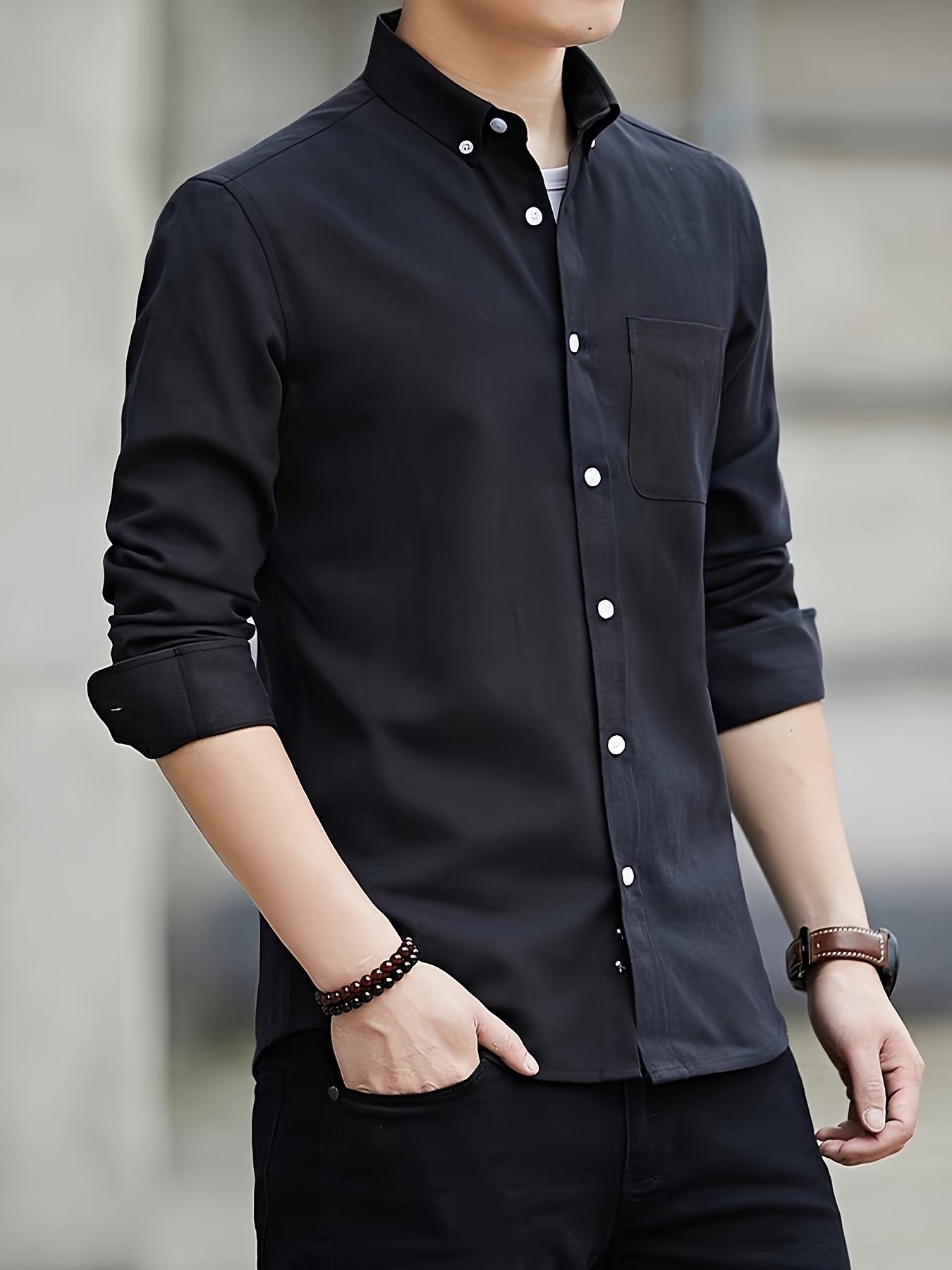 solid color mens classic all match long sleeve button up shirt with chest pocket spring fall clothing details 2