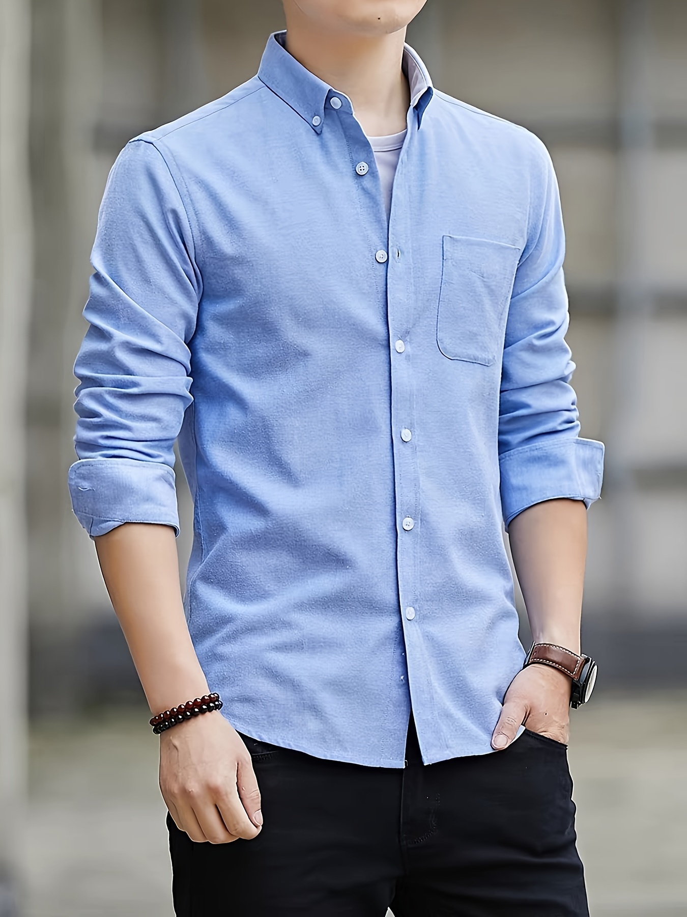solid color mens classic all match long sleeve button up shirt with chest pocket spring fall clothing details 5