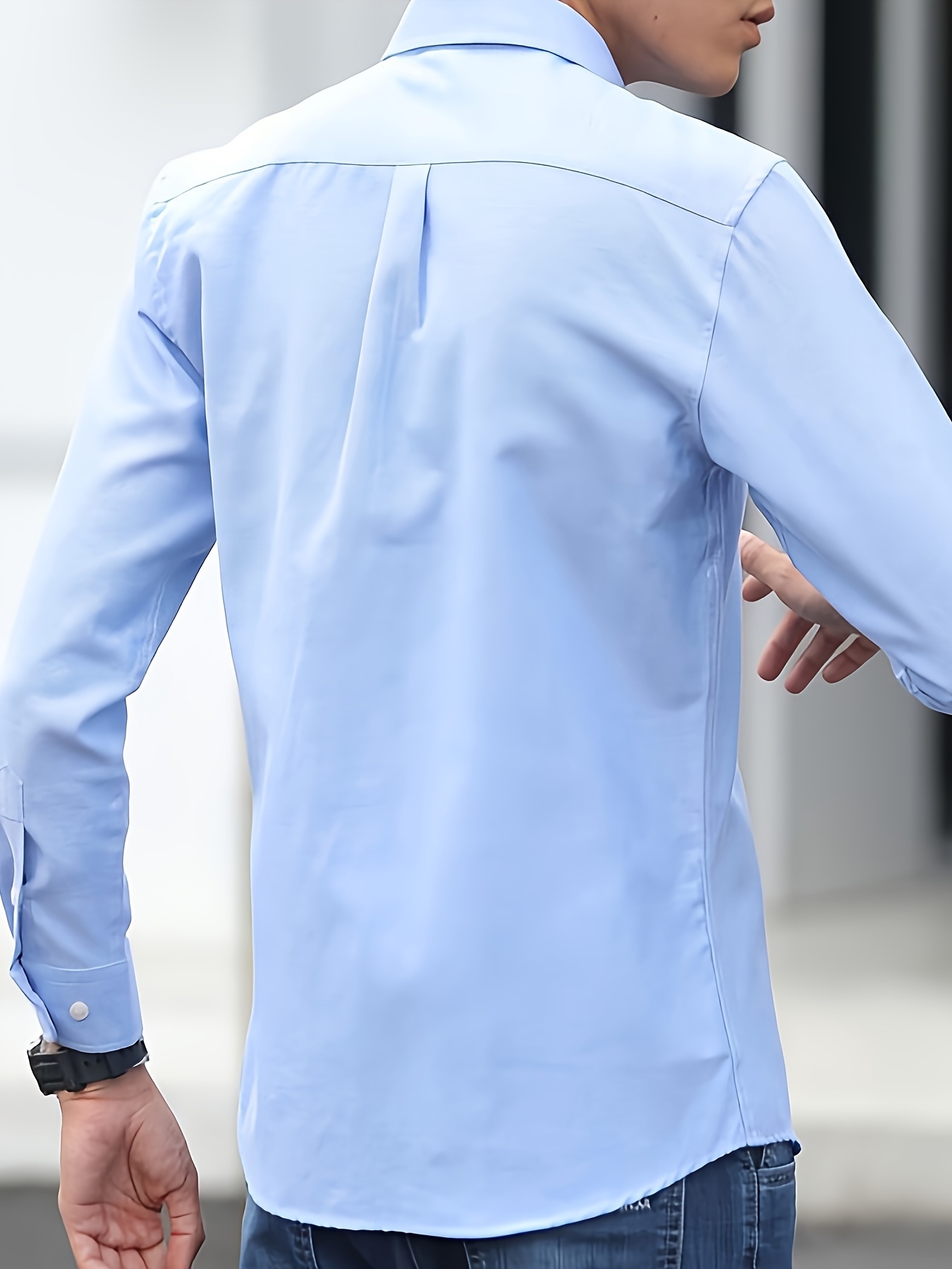 solid color mens classic all match long sleeve button up shirt with chest pocket spring fall clothing details 6