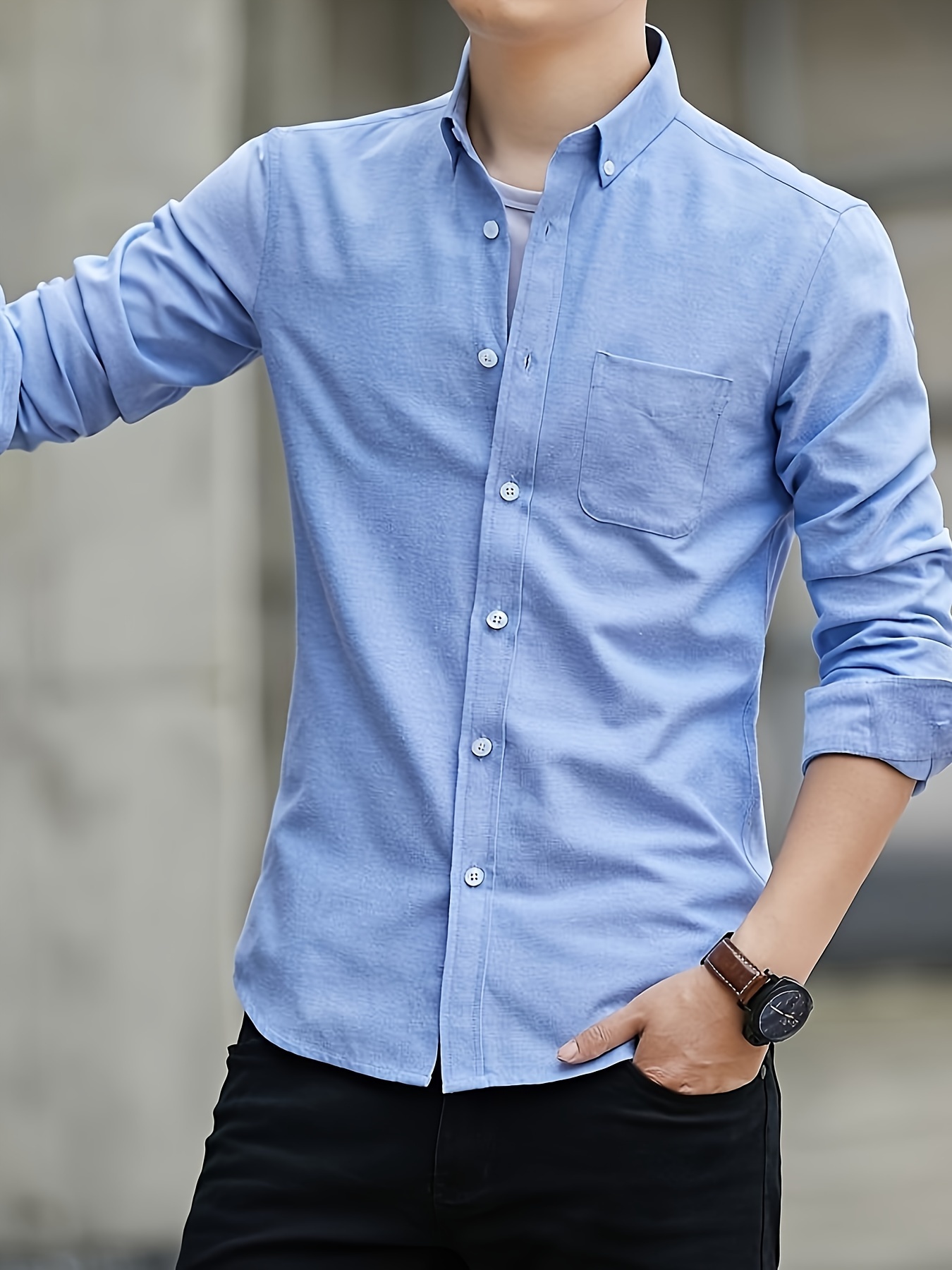 solid color mens classic all match long sleeve button up shirt with chest pocket spring fall clothing details 7