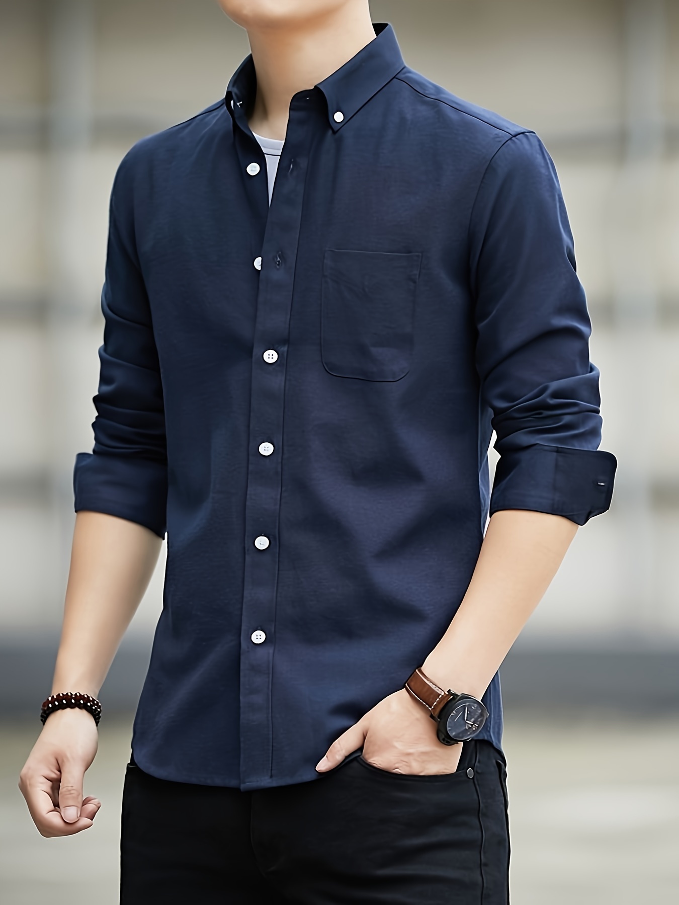 solid color mens classic all match long sleeve button up shirt with chest pocket spring fall clothing details 10