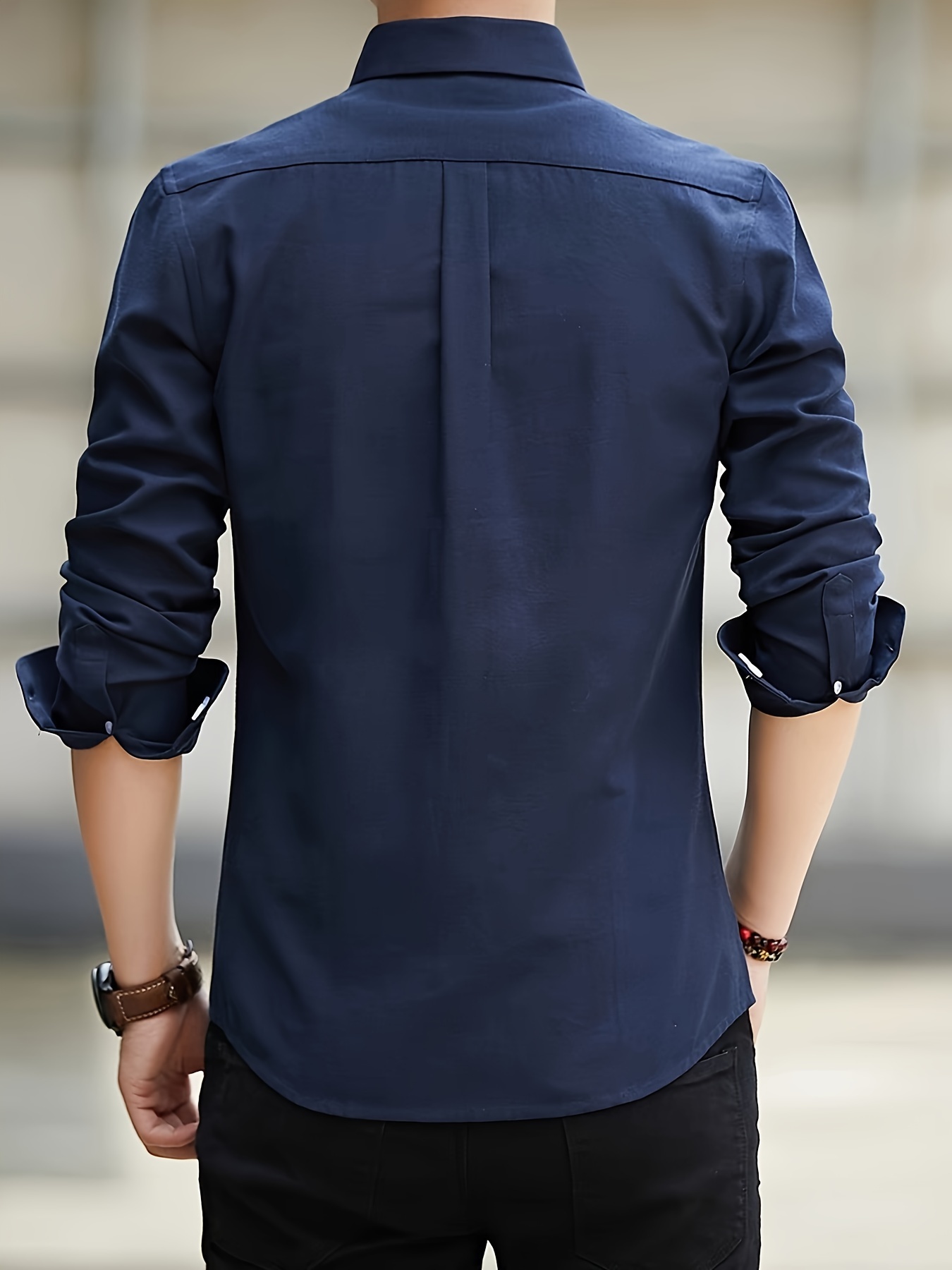 solid color mens classic all match long sleeve button up shirt with chest pocket spring fall clothing details 11