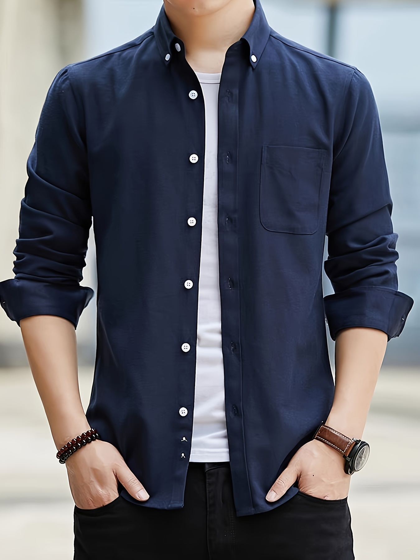 solid color mens classic all match long sleeve button up shirt with chest pocket spring fall clothing details 12