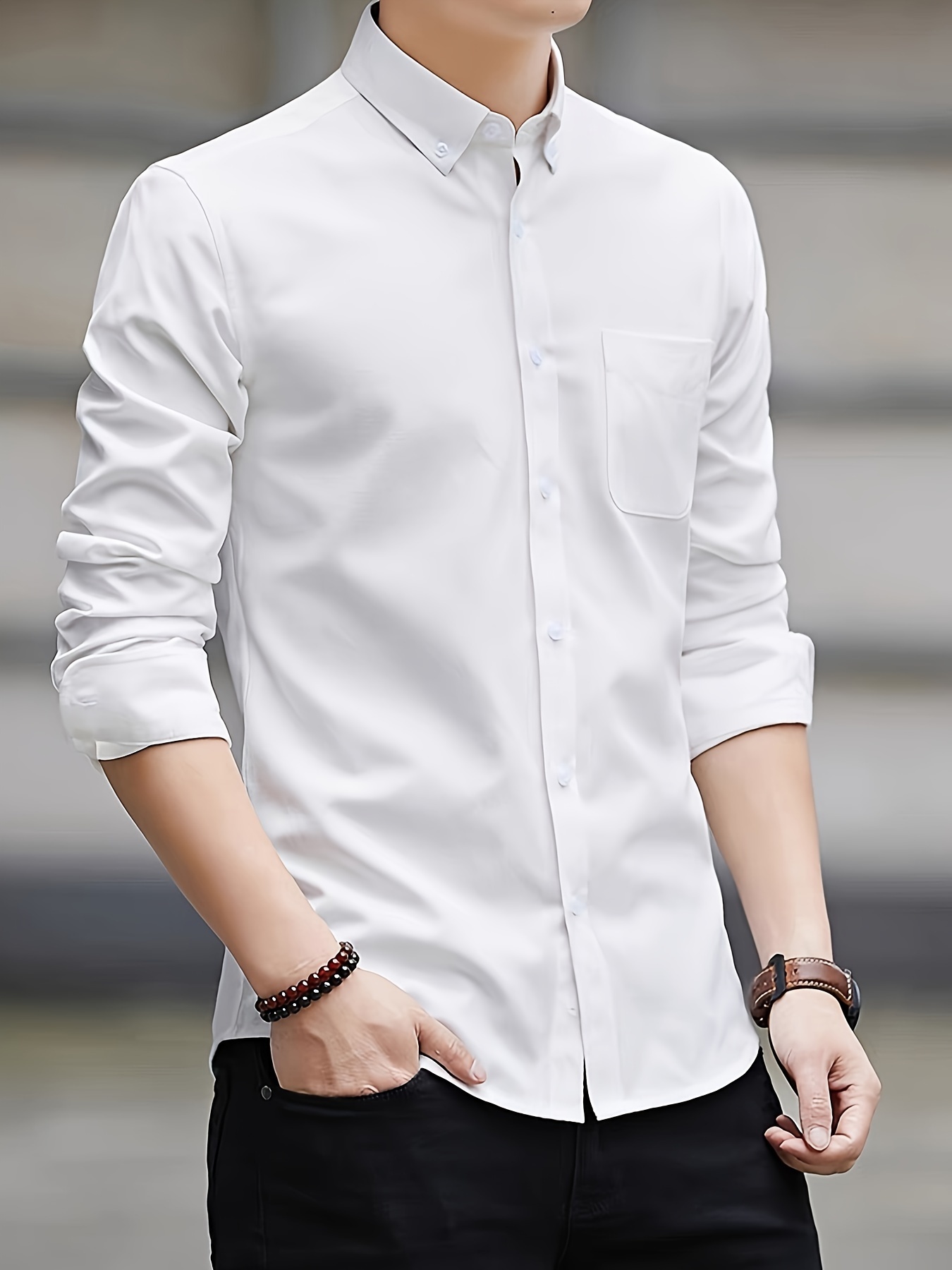 solid color mens classic all match long sleeve button up shirt with chest pocket spring fall clothing details 15