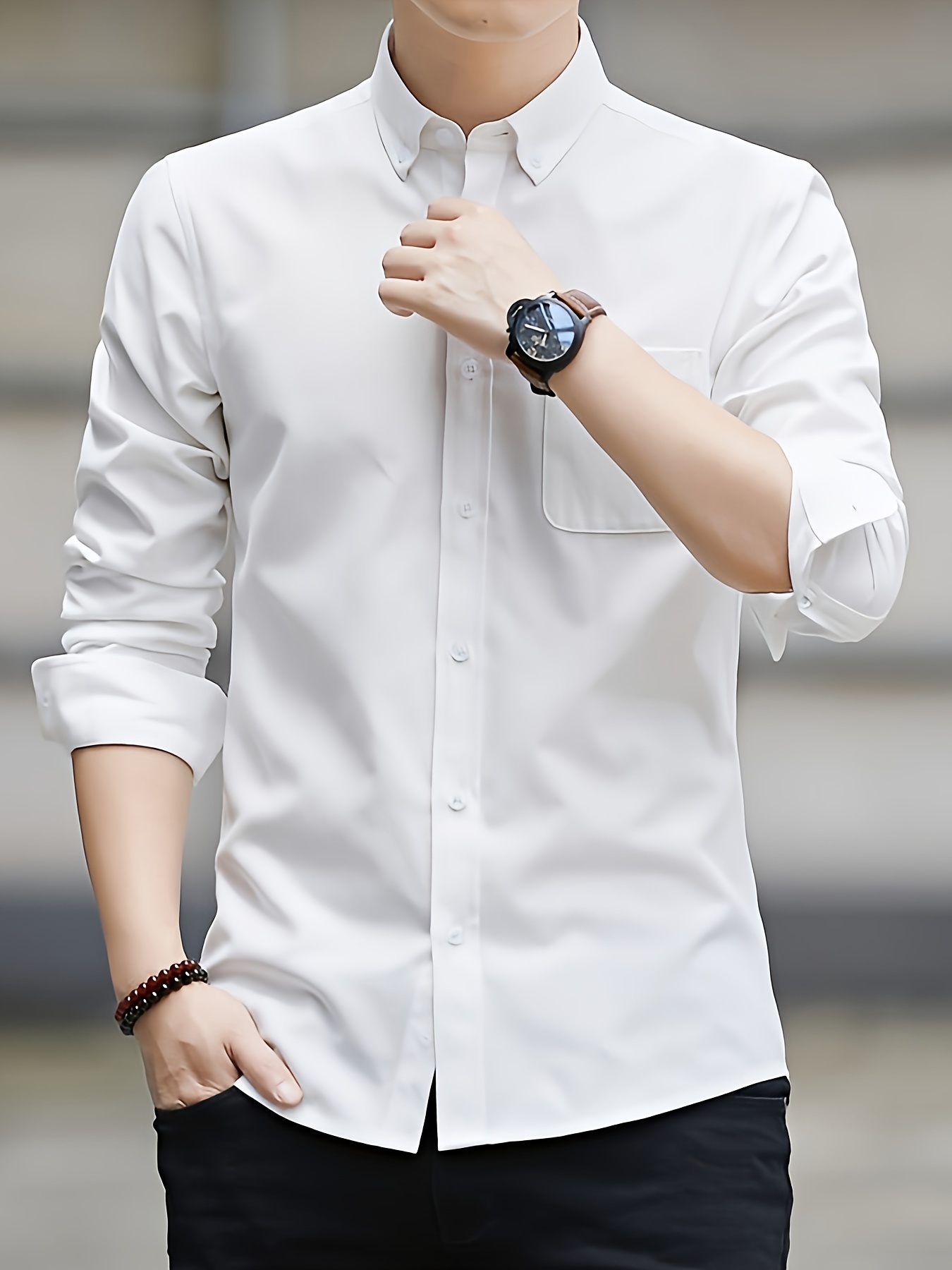 solid color mens classic all match long sleeve button up shirt with chest pocket spring fall clothing details 17