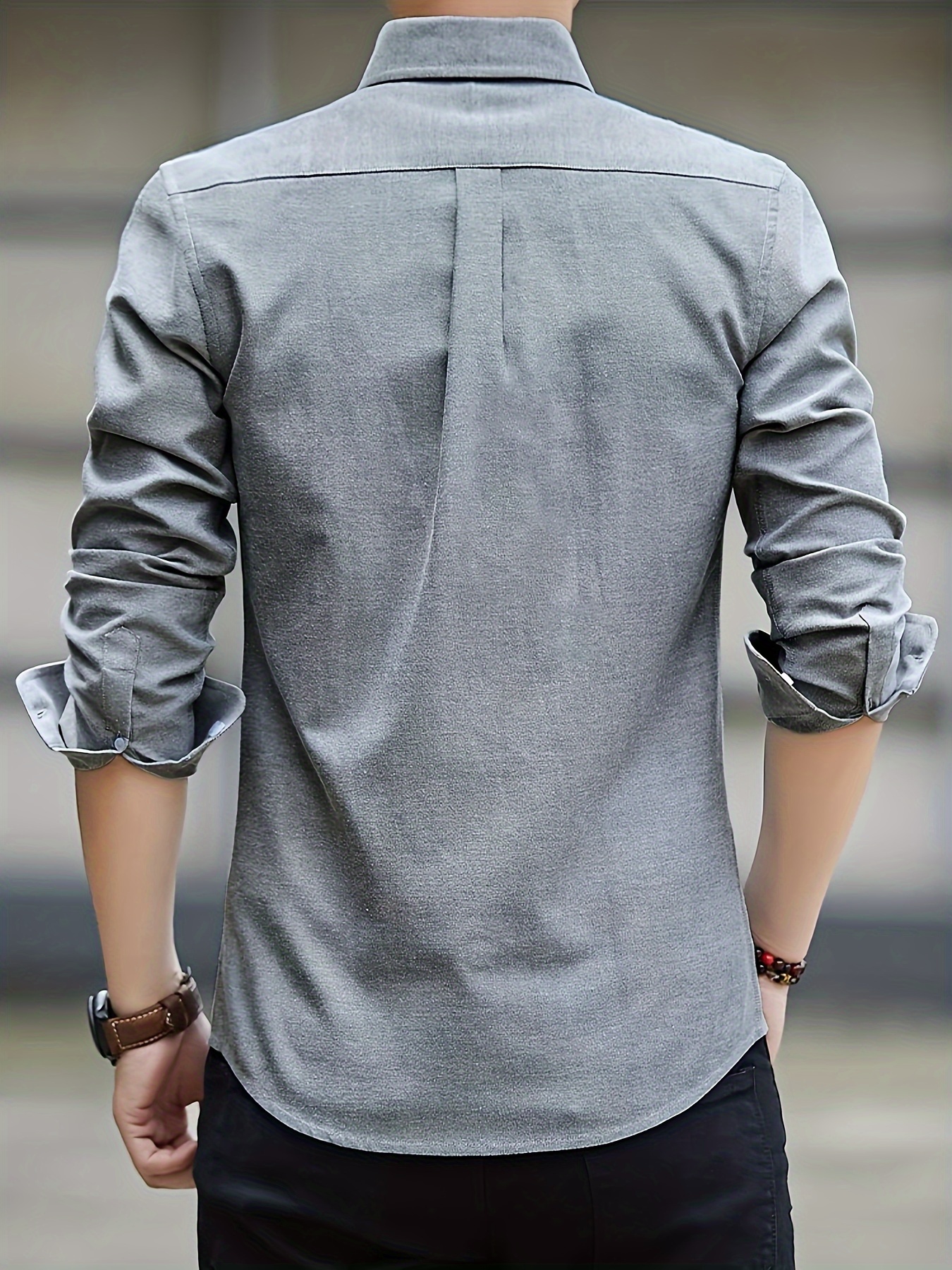 solid color mens classic all match long sleeve button up shirt with chest pocket spring fall clothing details 20