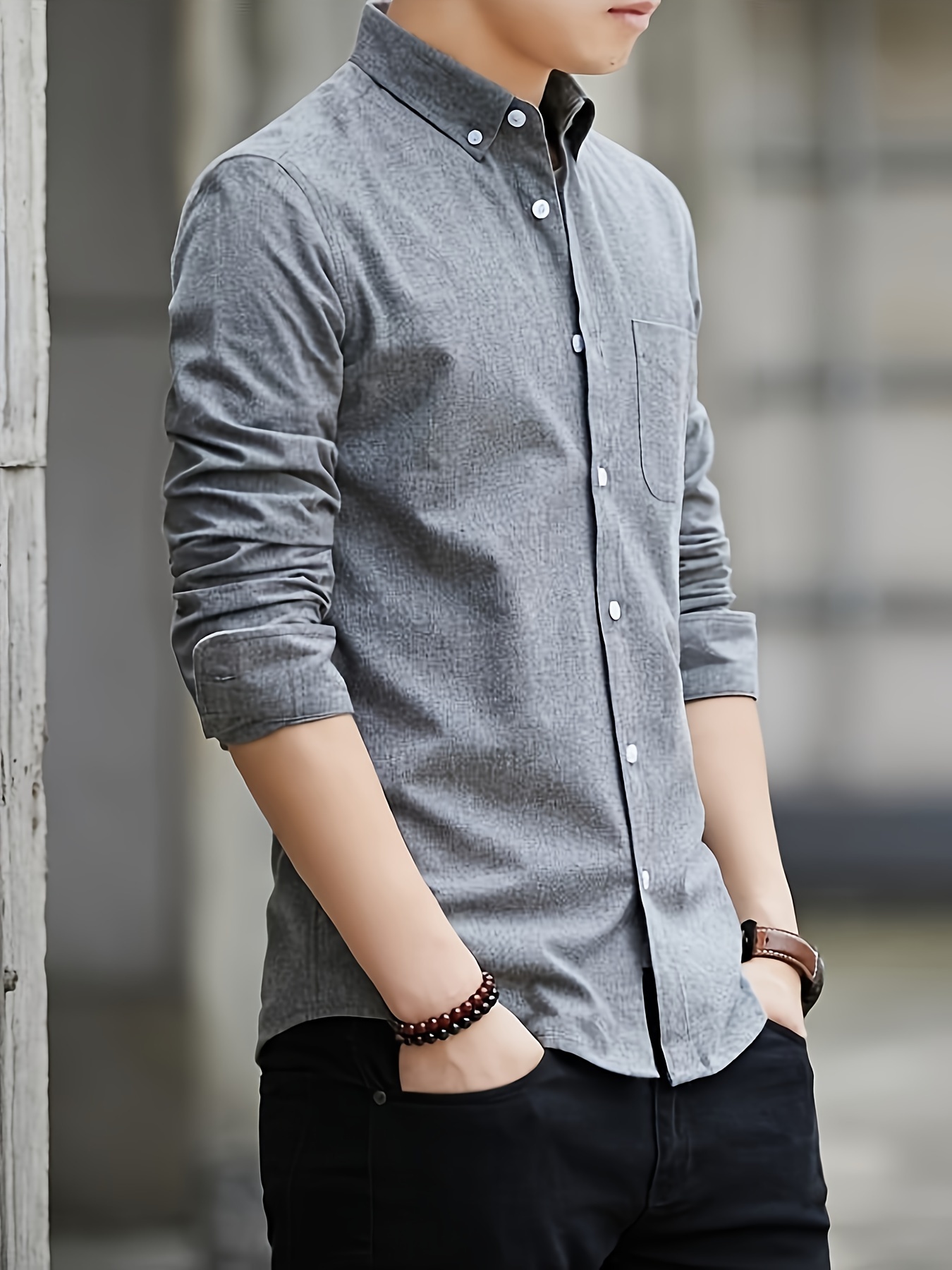 solid color mens classic all match long sleeve button up shirt with chest pocket spring fall clothing details 21