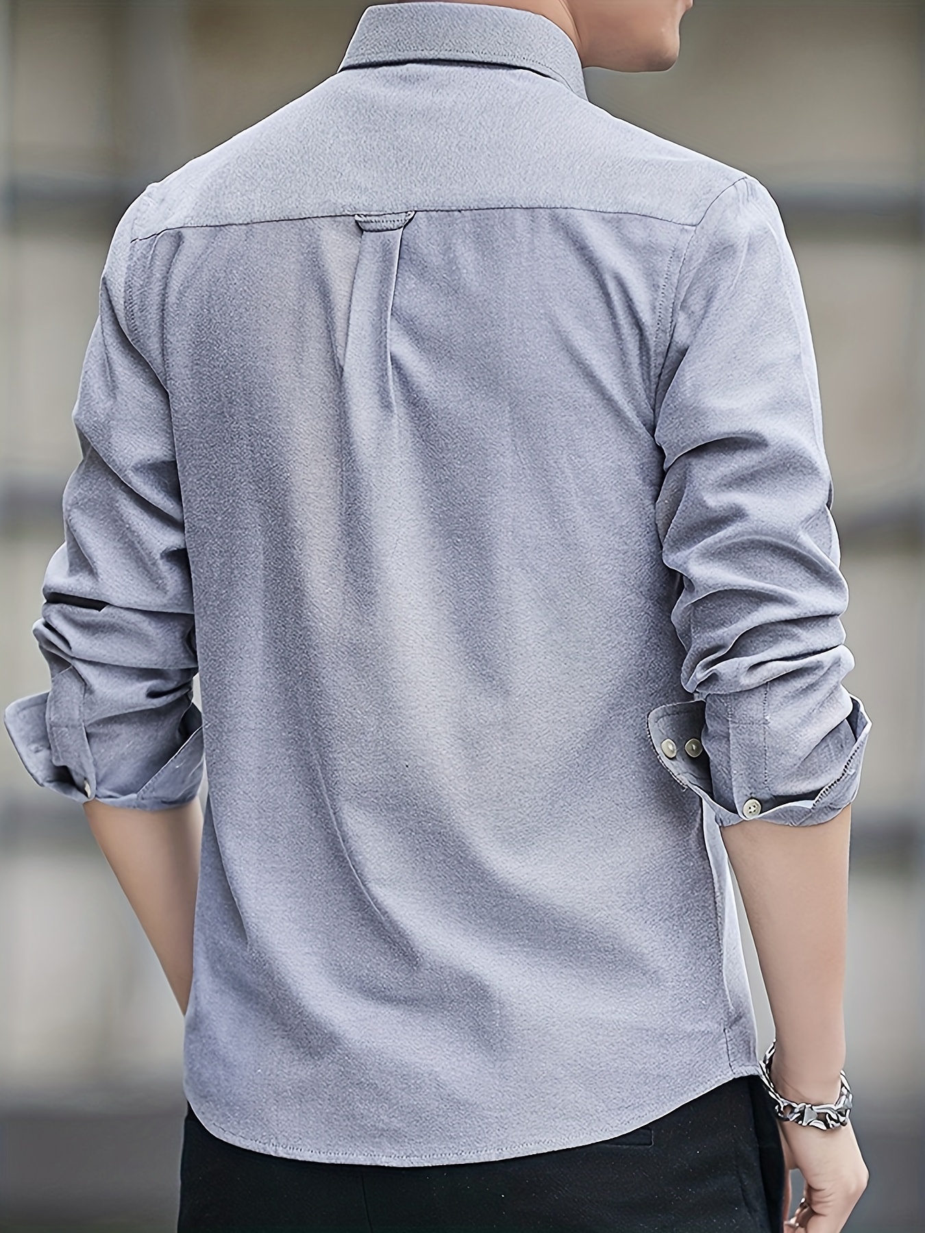 solid color mens classic all match long sleeve button up shirt with chest pocket spring fall clothing details 22
