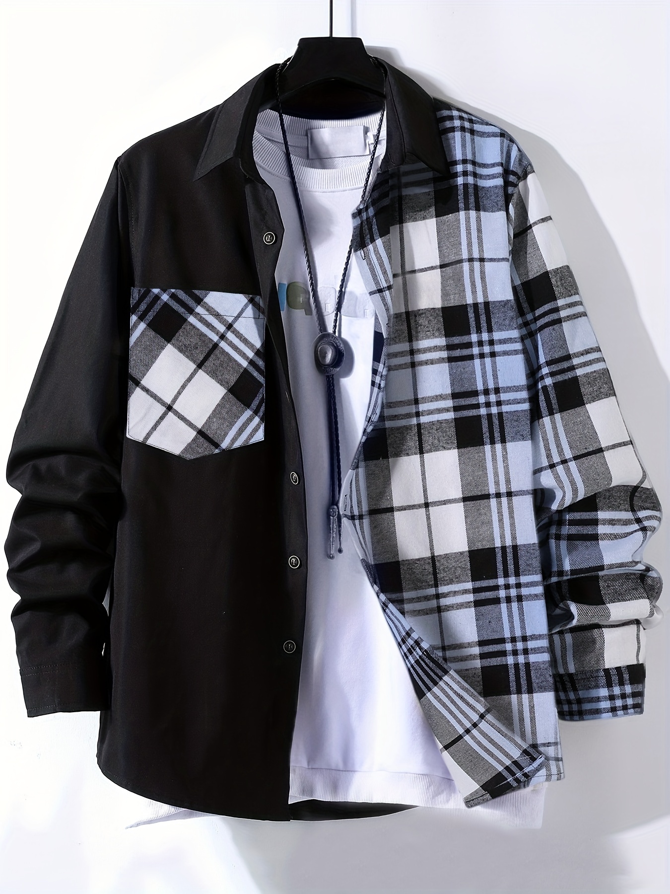 stylish collage chest pocket plaid pattern casual long sleeve button up shirt mens clothes for spring summer fall outdoor details 0