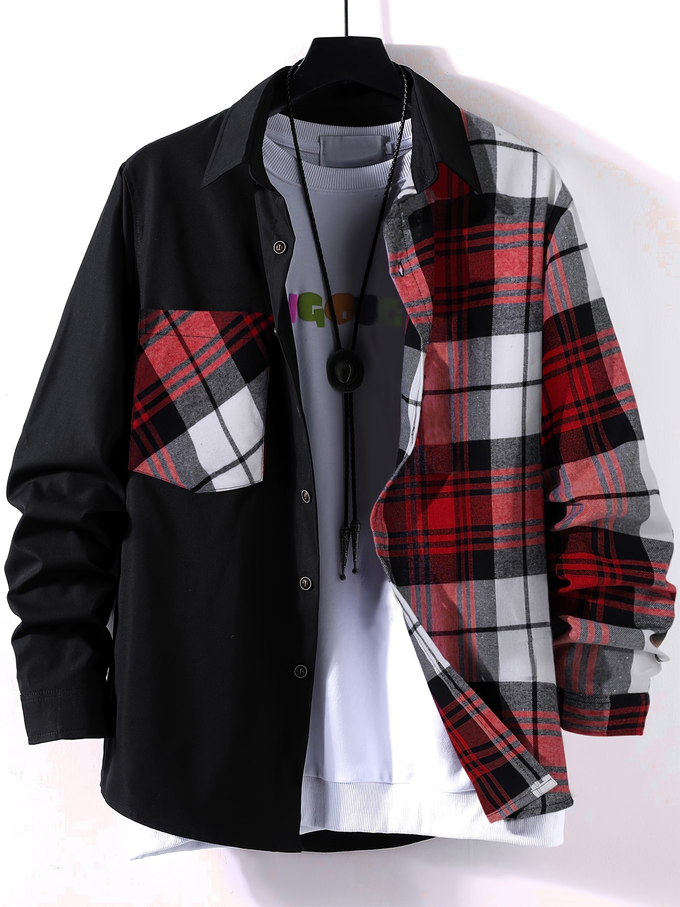 stylish collage chest pocket plaid pattern casual long sleeve button up shirt mens clothes for spring summer fall outdoor details 7