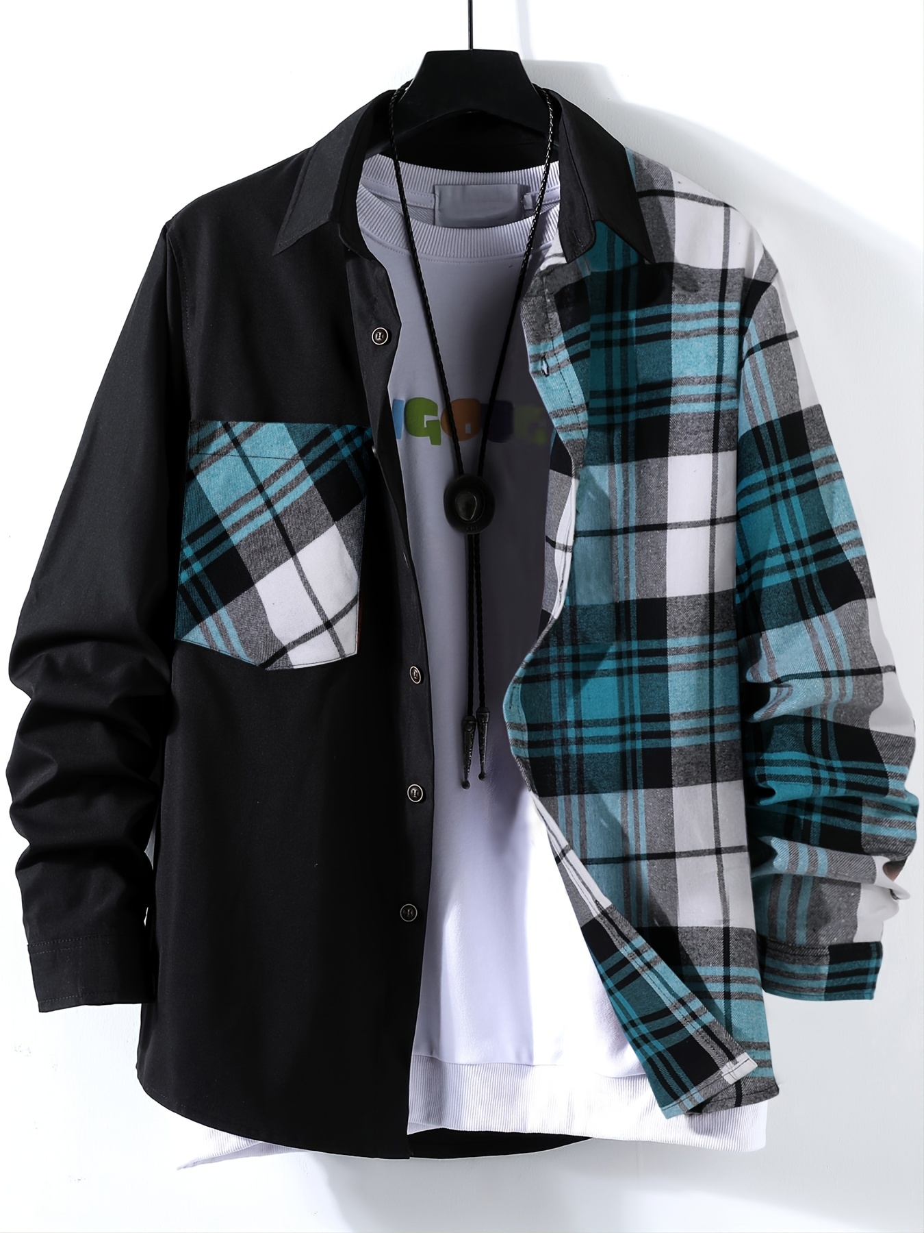 stylish collage chest pocket plaid pattern casual long sleeve button up shirt mens clothes for spring summer fall outdoor details 13