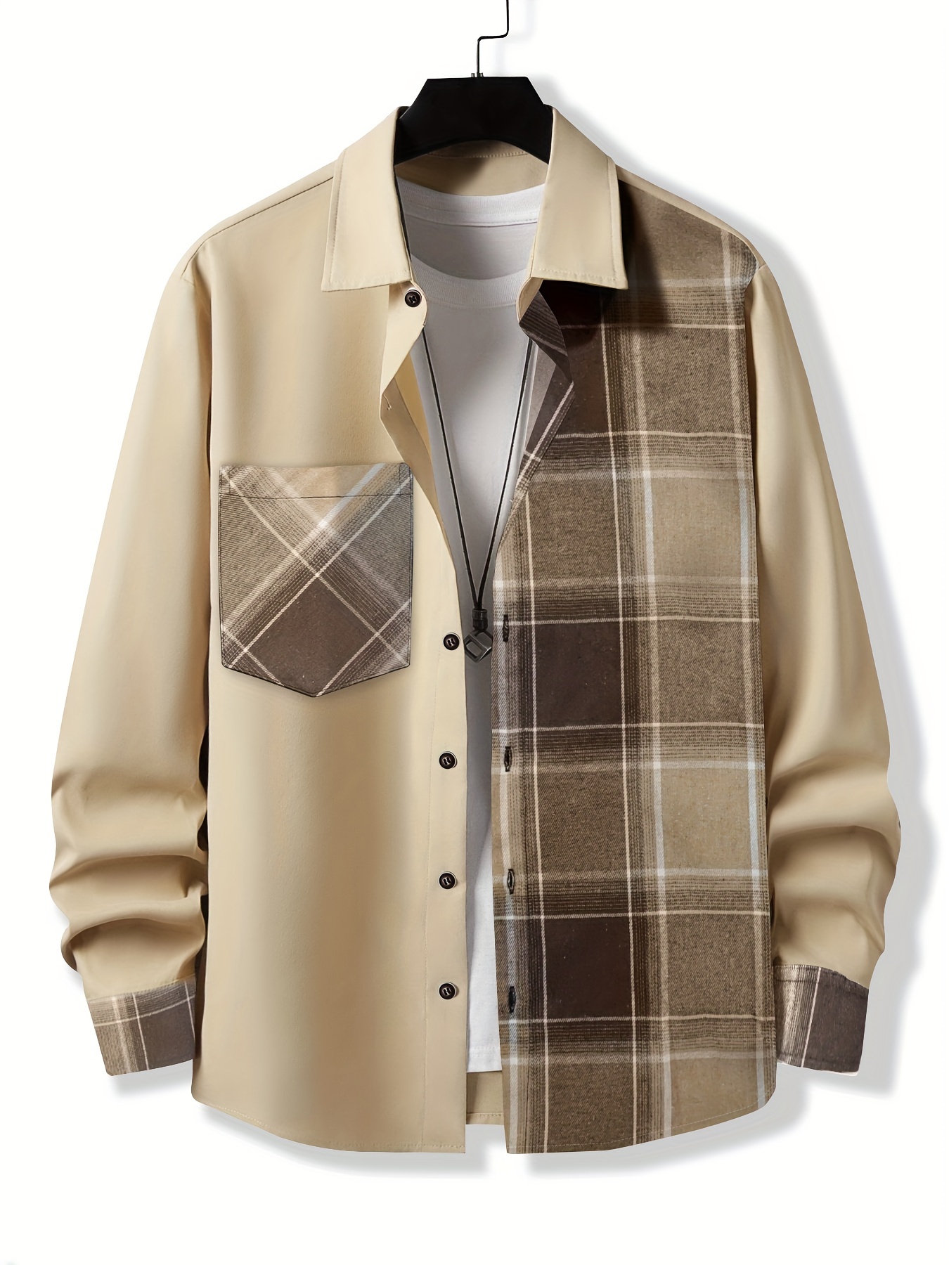 stylish collage chest pocket plaid pattern casual long sleeve button up shirt mens clothes for spring summer fall outdoor details 19