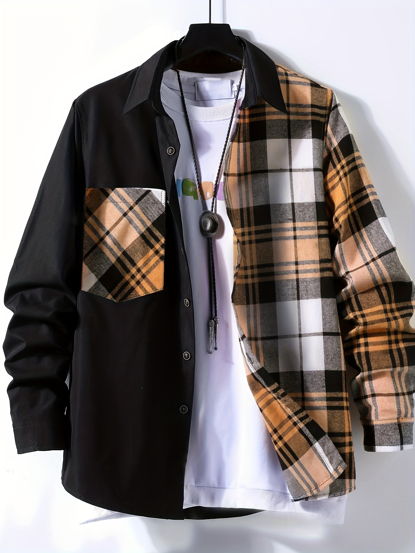 stylish collage chest pocket plaid pattern casual long sleeve button up shirt mens clothes for spring summer fall outdoor details 24