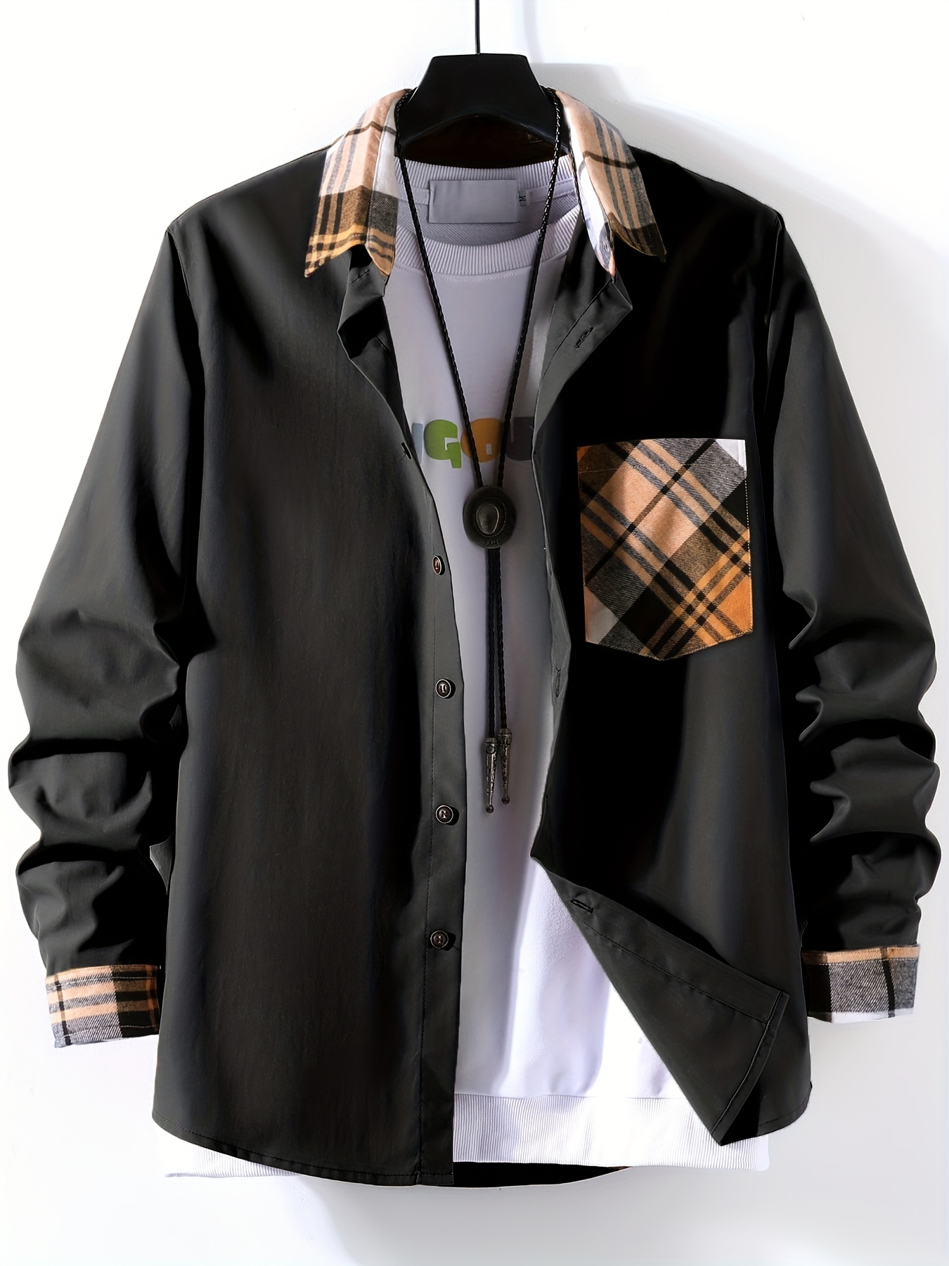 stylish collage chest pocket plaid pattern casual long sleeve button up shirt mens clothes for spring summer fall outdoor details 33