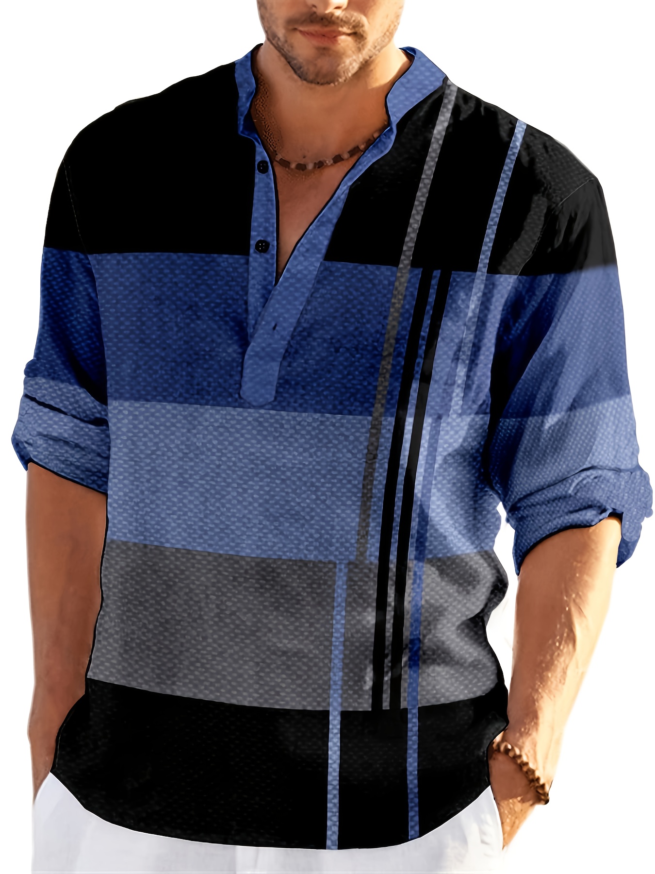 mens shirt top henley shirts color block long sleeve closure regular fit male casual shirt for daily vacation details 0