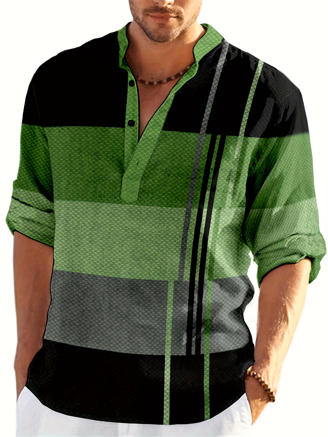 mens shirt top henley shirts color block long sleeve closure regular fit male casual shirt for daily vacation details 9