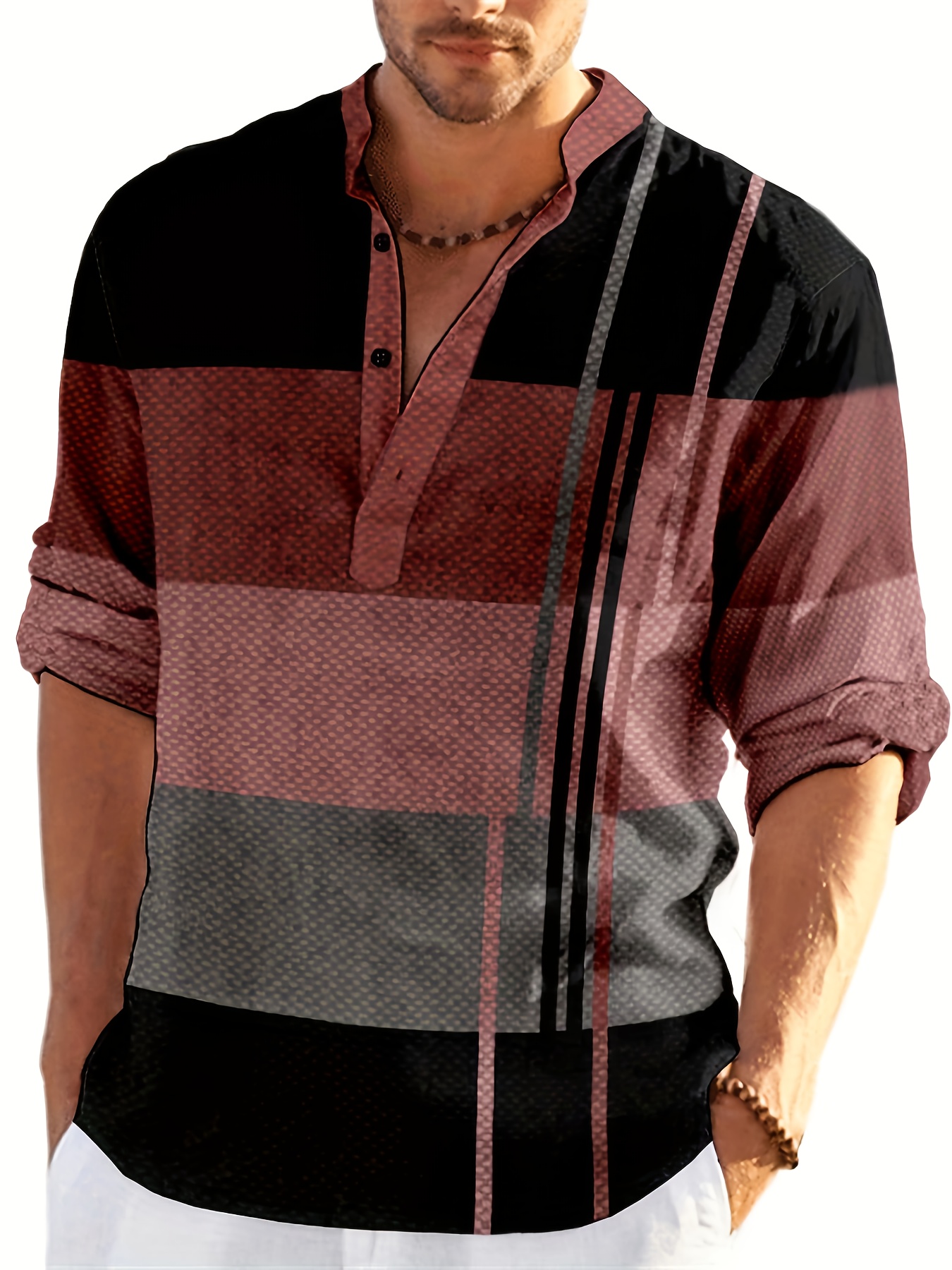 mens shirt top henley shirts color block long sleeve closure regular fit male casual shirt for daily vacation details 18