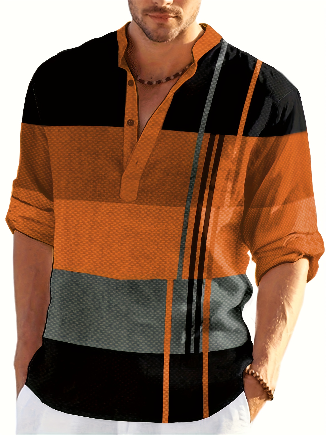 mens shirt top henley shirts color block long sleeve closure regular fit male casual shirt for daily vacation details 27