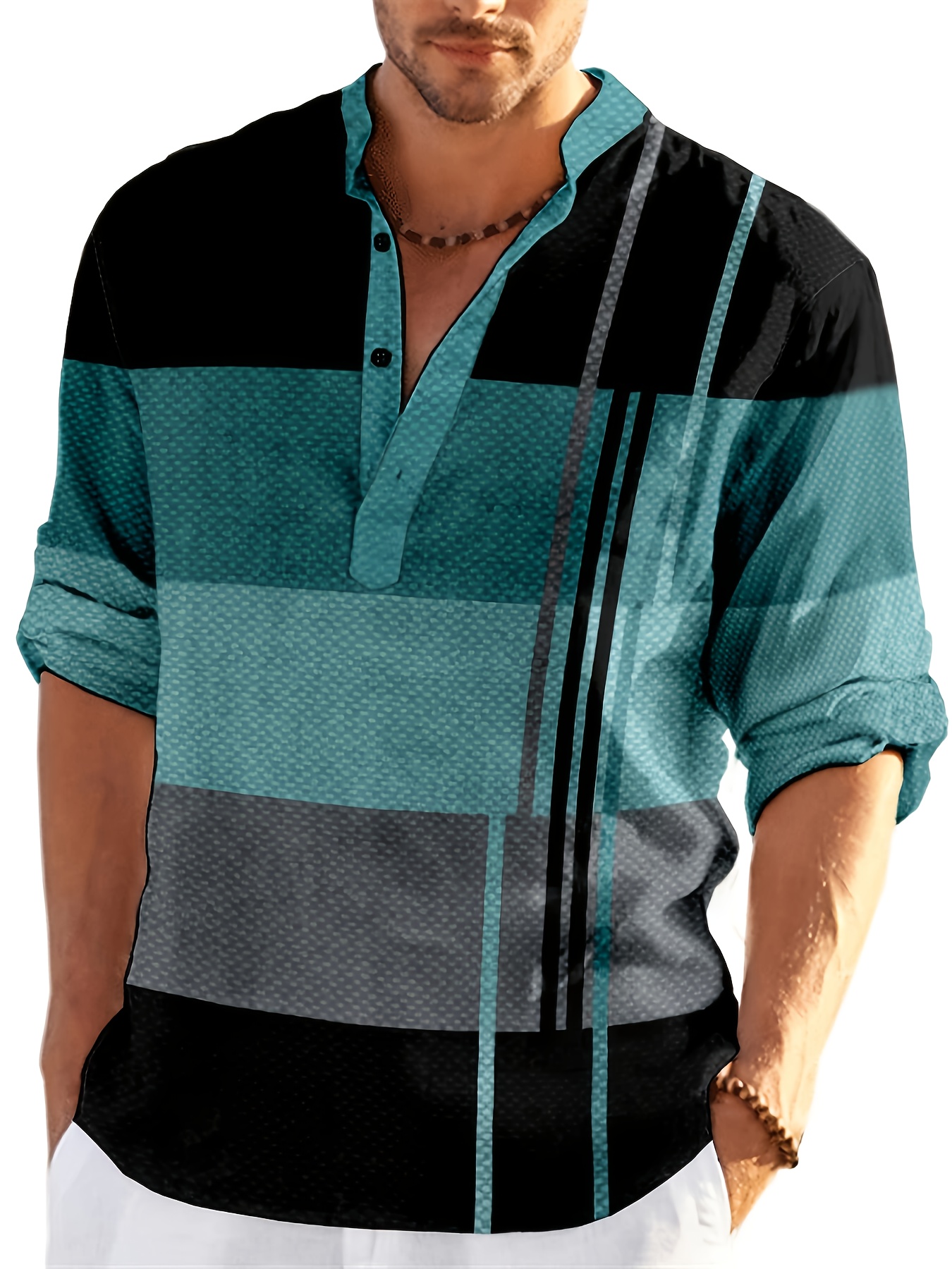 mens shirt top henley shirts color block long sleeve closure regular fit male casual shirt for daily vacation details 35