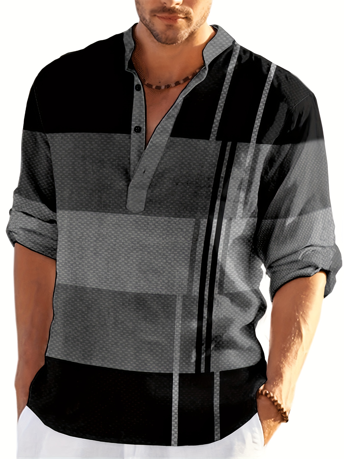 mens shirt top henley shirts color block long sleeve closure regular fit male casual shirt for daily vacation details 43