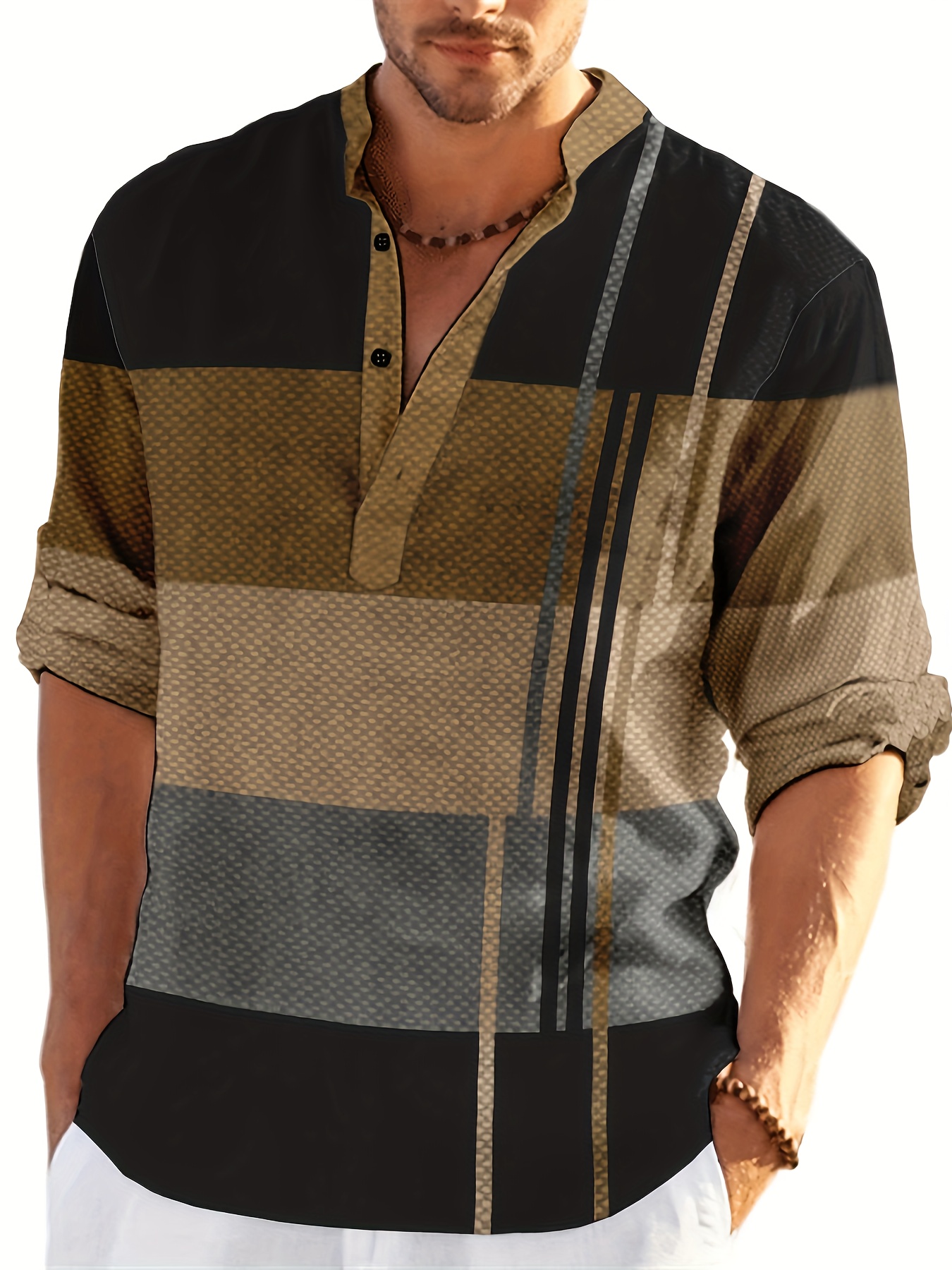 mens shirt top henley shirts color block long sleeve closure regular fit male casual shirt for daily vacation details 66