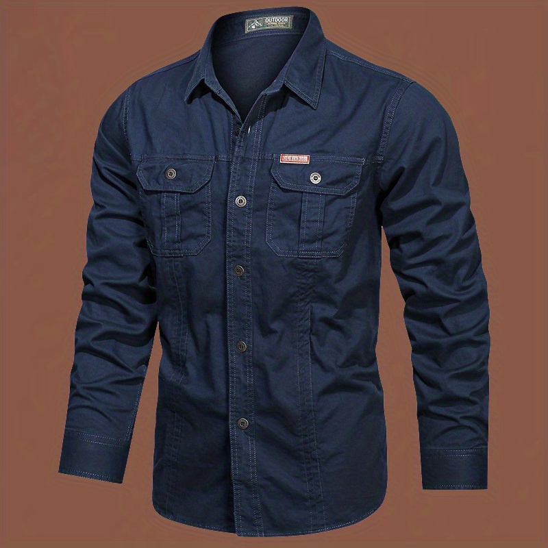 trendy mens casual long sleeve cargo shirt with pockets mens shirt for spring autumn tops for men details 0