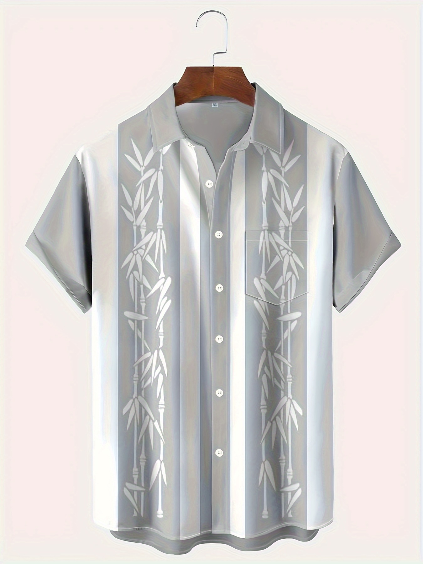 bamboo print mens color block short sleeve button down shirt with chest pocket summer resort vacation details 0
