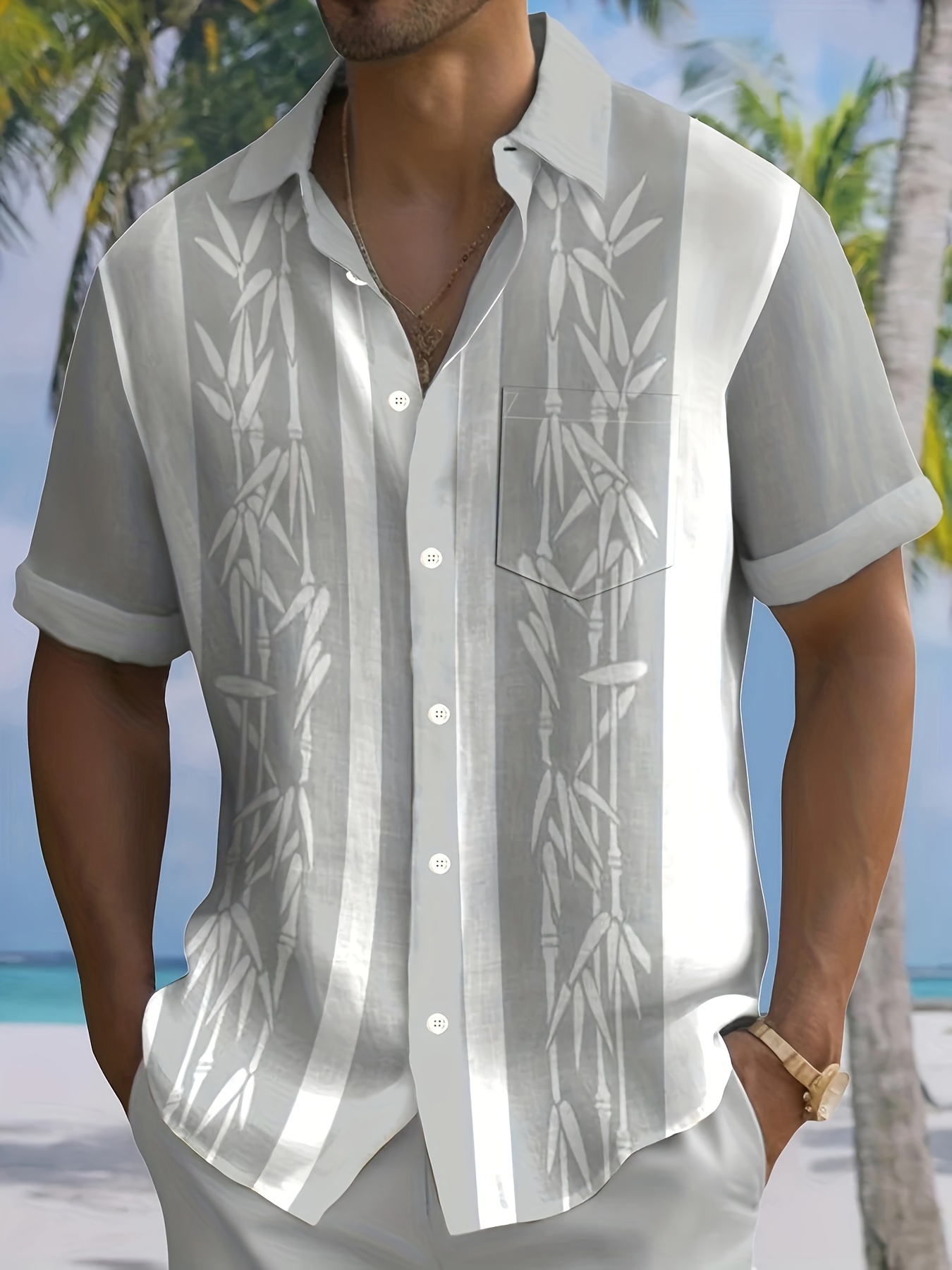 bamboo print mens color block short sleeve button down shirt with chest pocket summer resort vacation details 1